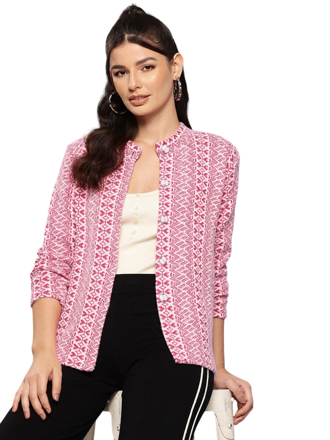 aarika Womens Casual Wear Pink Colour Zig Zag Woolen Cardigan-picture-14