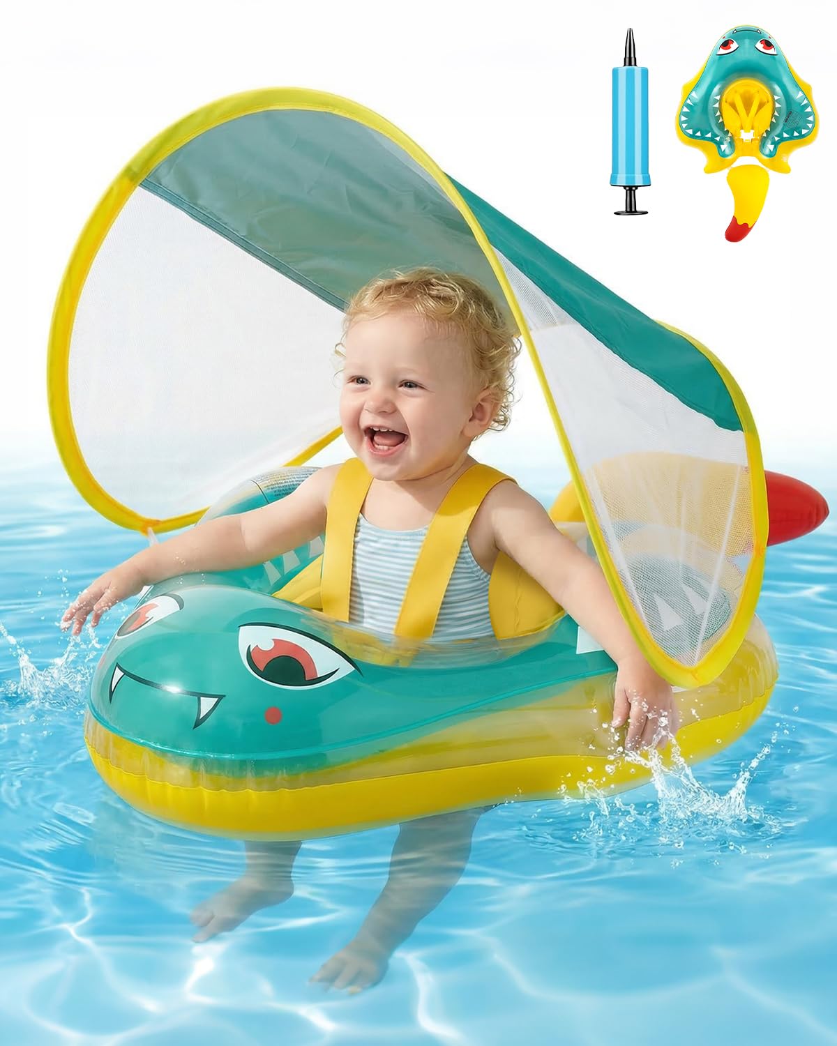 Baby Schwimmring mit UPF50+ Sonnendach Entfernbar, Premium Baby Float, Schwimmhilfe verstellbare Schultergurte, Schwimmtrainer, mit aufblasbarer Swimming Float für ab 6-36 Monate(7-16kg)
