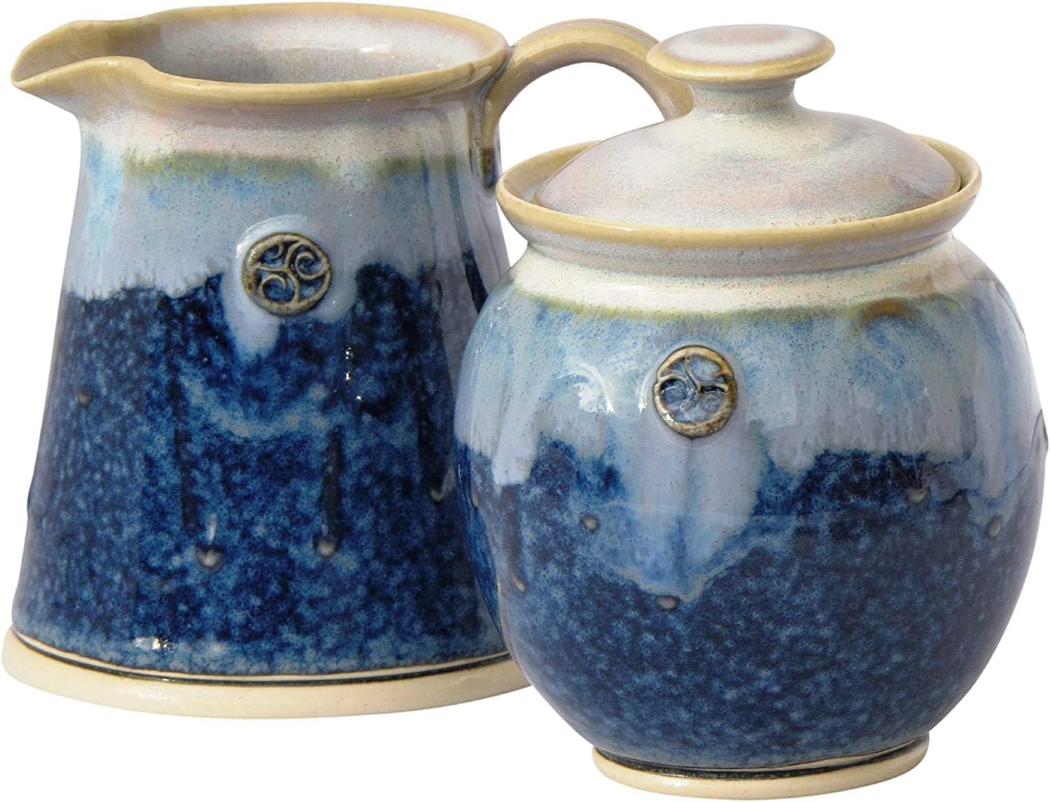Irish Pottery Sugar and Creamer Set in Green 10oz Hand-Thrown & Glazed, Blue Celtic Spiral Motif - Handcrafted In Ireland - Lead & Cadmium Free, Irish Gifts Men & Women