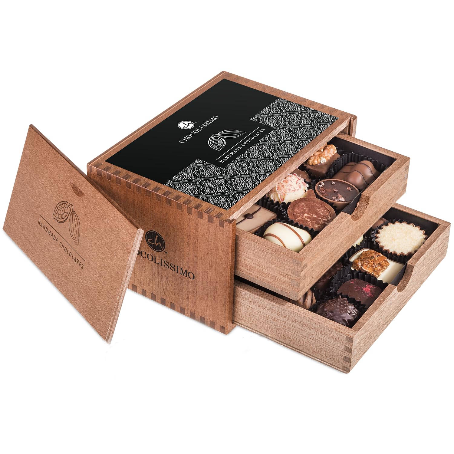 CHOCOLISSIMO Schokolade Geschenk - Pralinen Geschenk - 20 handgemachte Pralinen im Holzkästchen - Weihnachten, Geburtstag, Valentinstag - für Mann, Männer, Vater, Frau, Frauen, Mutter - Chocolaterie