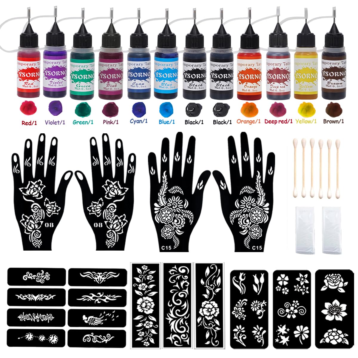 Temporary Tattoo Henna Kit Safe & Easy Fake 12 Bottles 11 Colors Ink 18 Big Pcs Stencils for Adults/Kids-fake tattoos (Black×2, Red, Green, Purple, Orange, Navy Blue, Brown, Pink, Grey, Yellow)