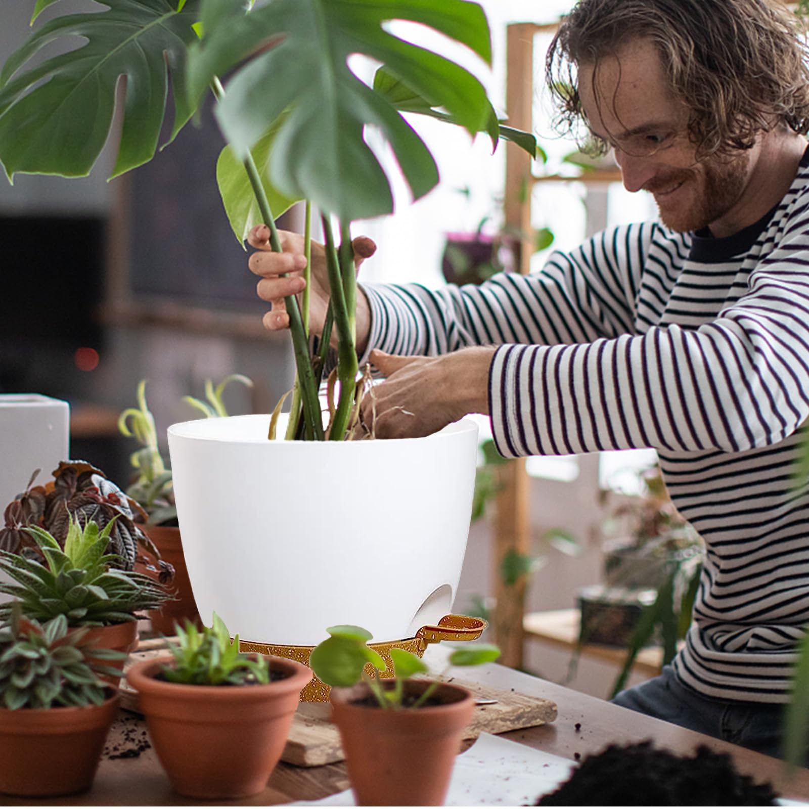 SUN-E Selbstbewässernde Töpfe 3Stück/Satz,Modern Große Pflanzgefäße weiße Kunststoff-Pflanzgefäße mit Drainagelöchern und tiefem Reservoir für Indoor Outdoor Gartenpflanzen und Blumen