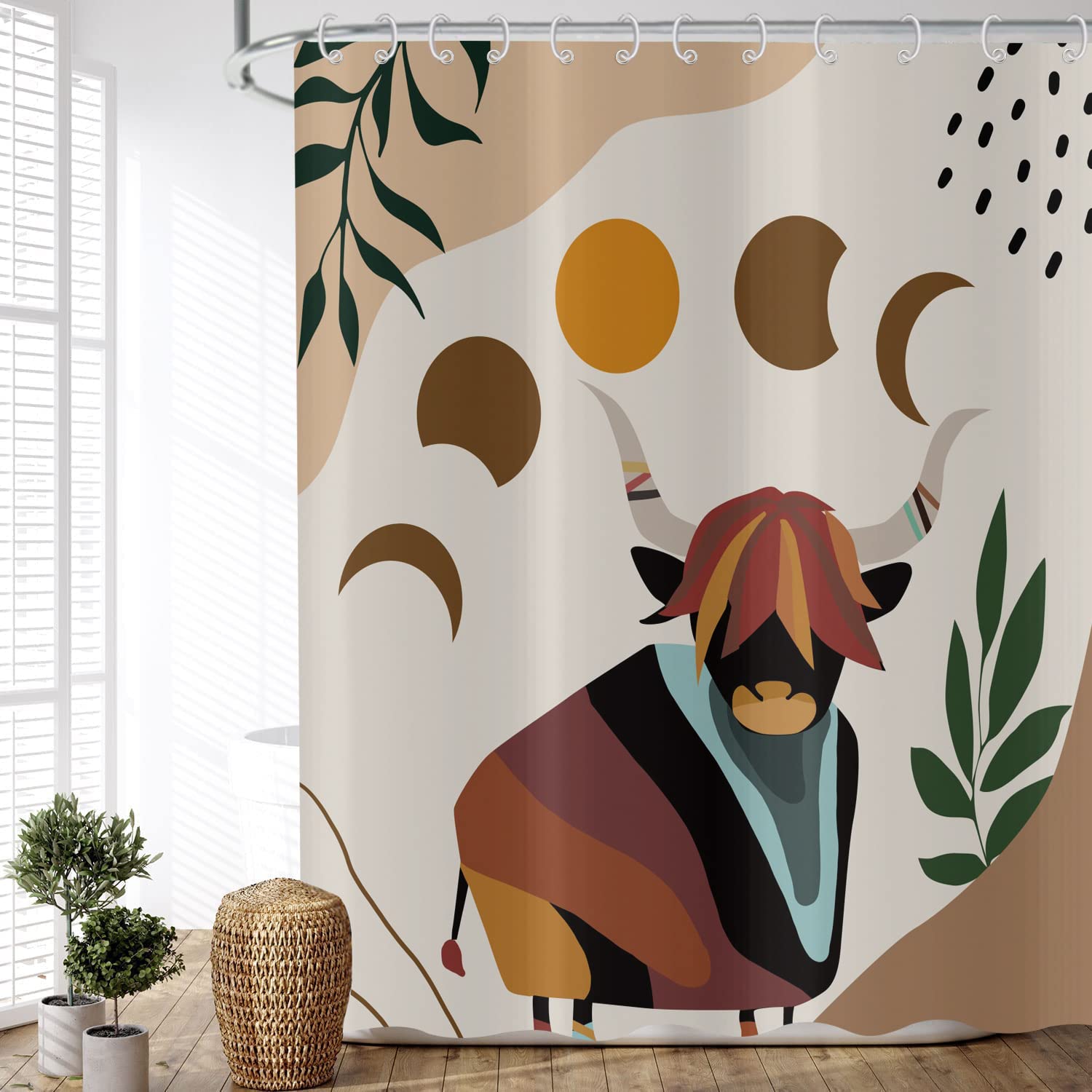 Tenda Doccia LB Mucca Marrone 150x180 Cm Con Paesaggio Montano E Ganci Inclusi - Impermeabile E Antimuffa Per Bagno, Stile Rustico