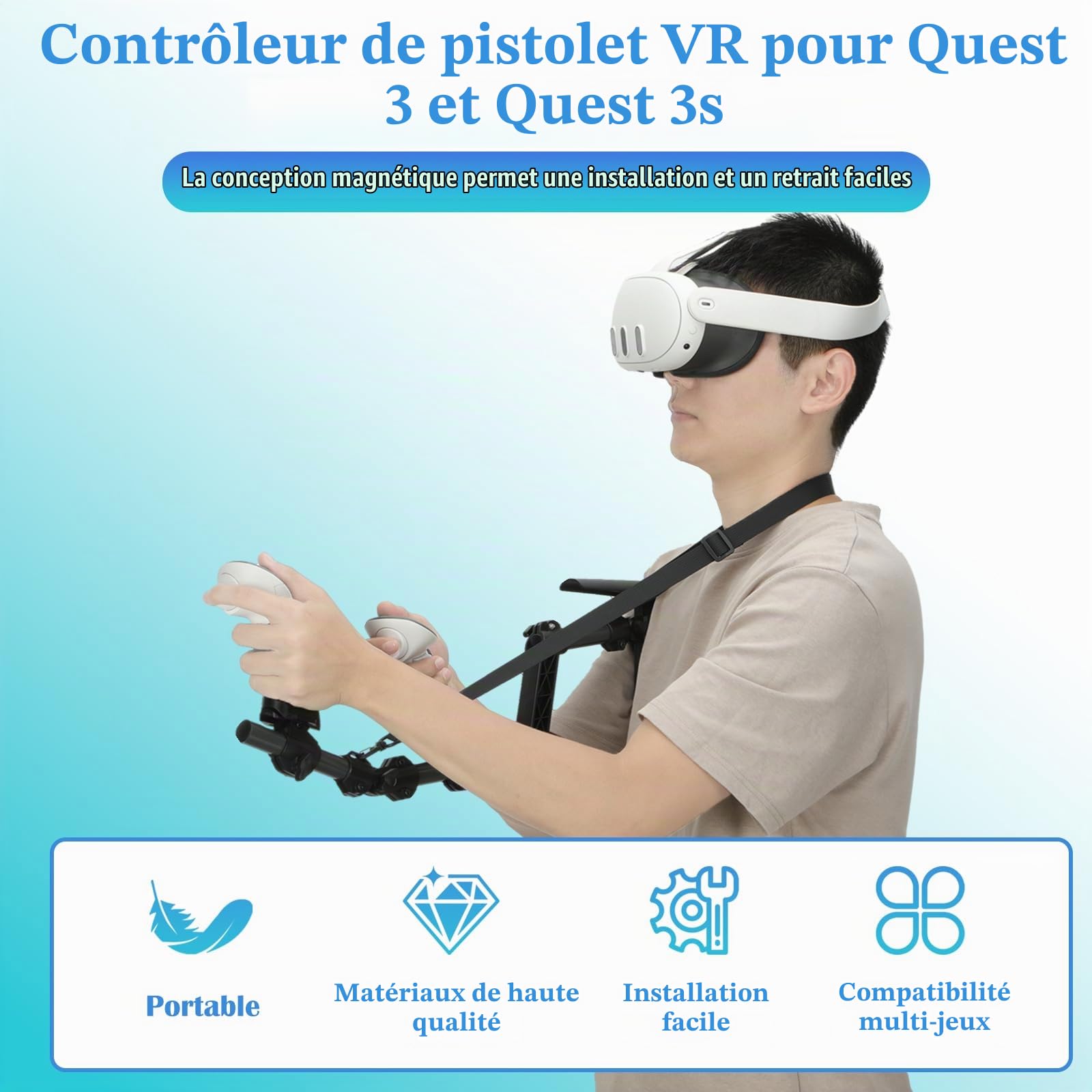 Crosse de Fusil pour MetaQuest 3,Crosse VR Compatible avec Les poignées de contrôleur VR Meta Quest3 pour améliorer la stabilité et Le contrôle Adaptateur de Crosse magnétique pour Fusil