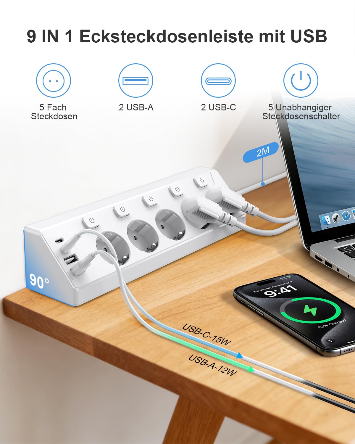 Regleta de esquina con interruptor independiente, regleta con 4 USB (2 USB C)+5 enchufes con seguridad para niños, 3680 W, cable de extensión de 2 m para cocina, oficina, hogar (color blanco)