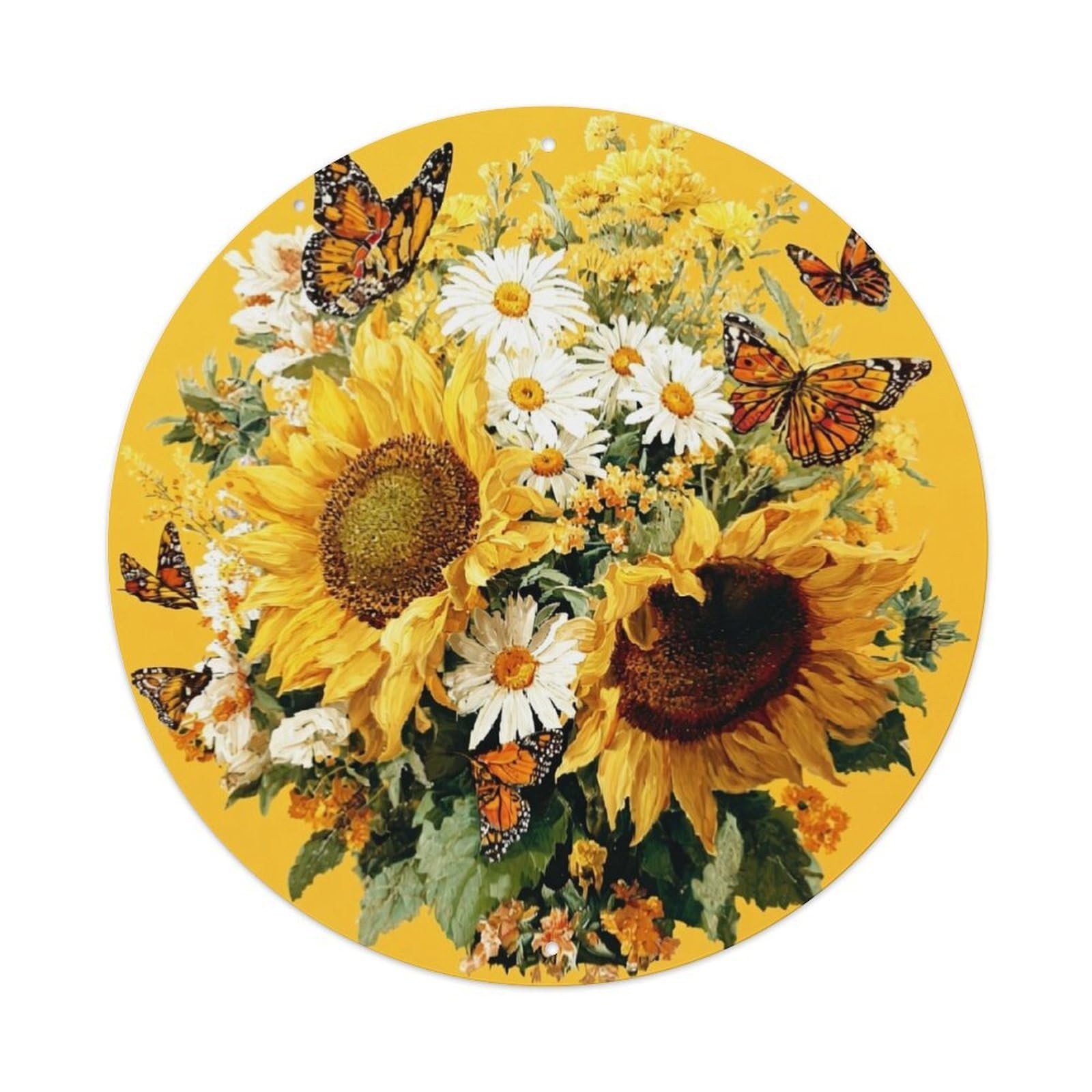 Sunflowers Daisies Butterflies Floral Bouquet Vintage Metal Tin Sign Retro Wall Decor for Home Bar Garage Cafe, Indoor & Outdoor Decorative，circle Metal Poster, 8x8 Inch