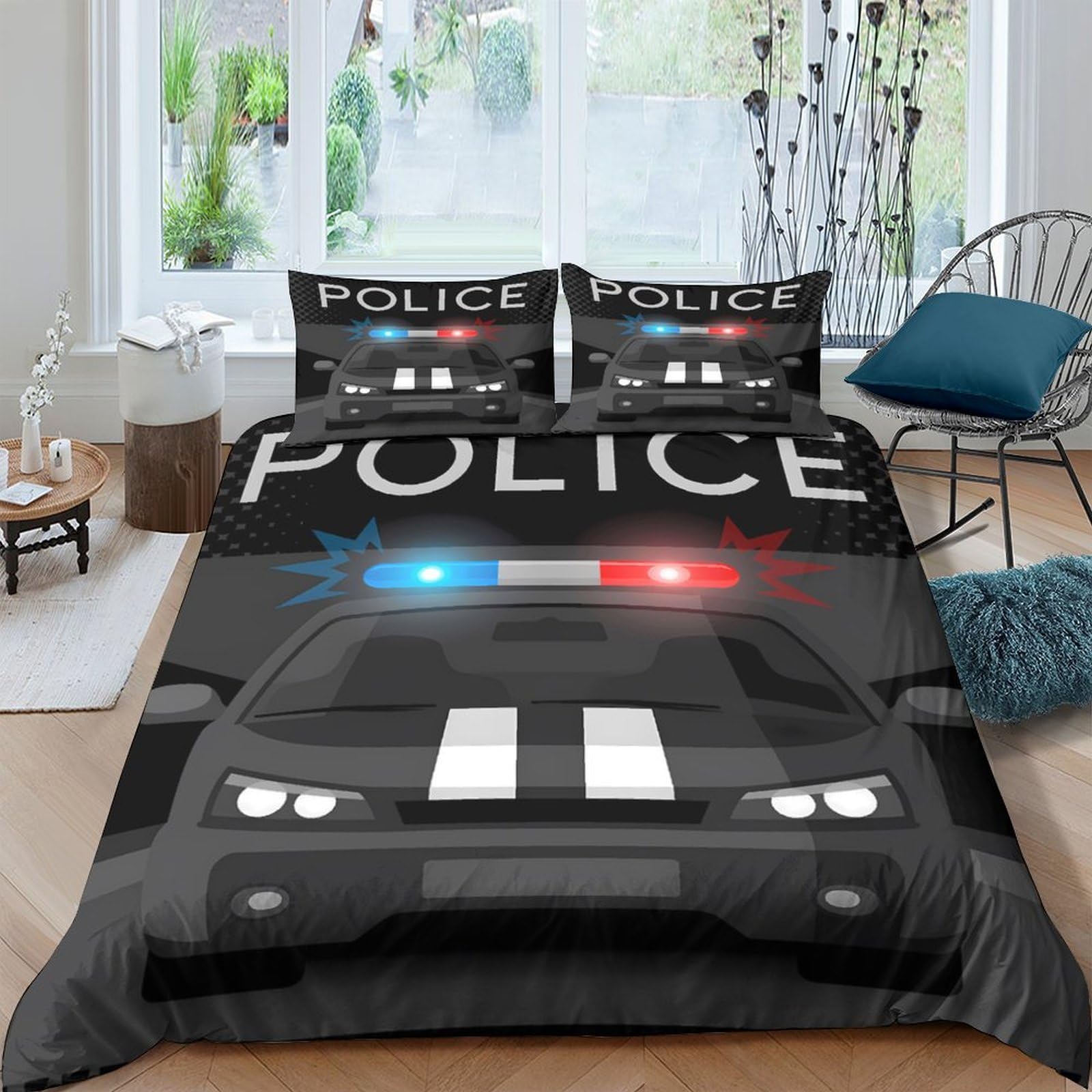 Ctjqhvkz Style-7 3D Printed Police Car Fitted Sheet Microfiber Black Patrol Vehicle Bed Cover Bedroom Dorm Mattress Protection Decor Single（135X200cm）