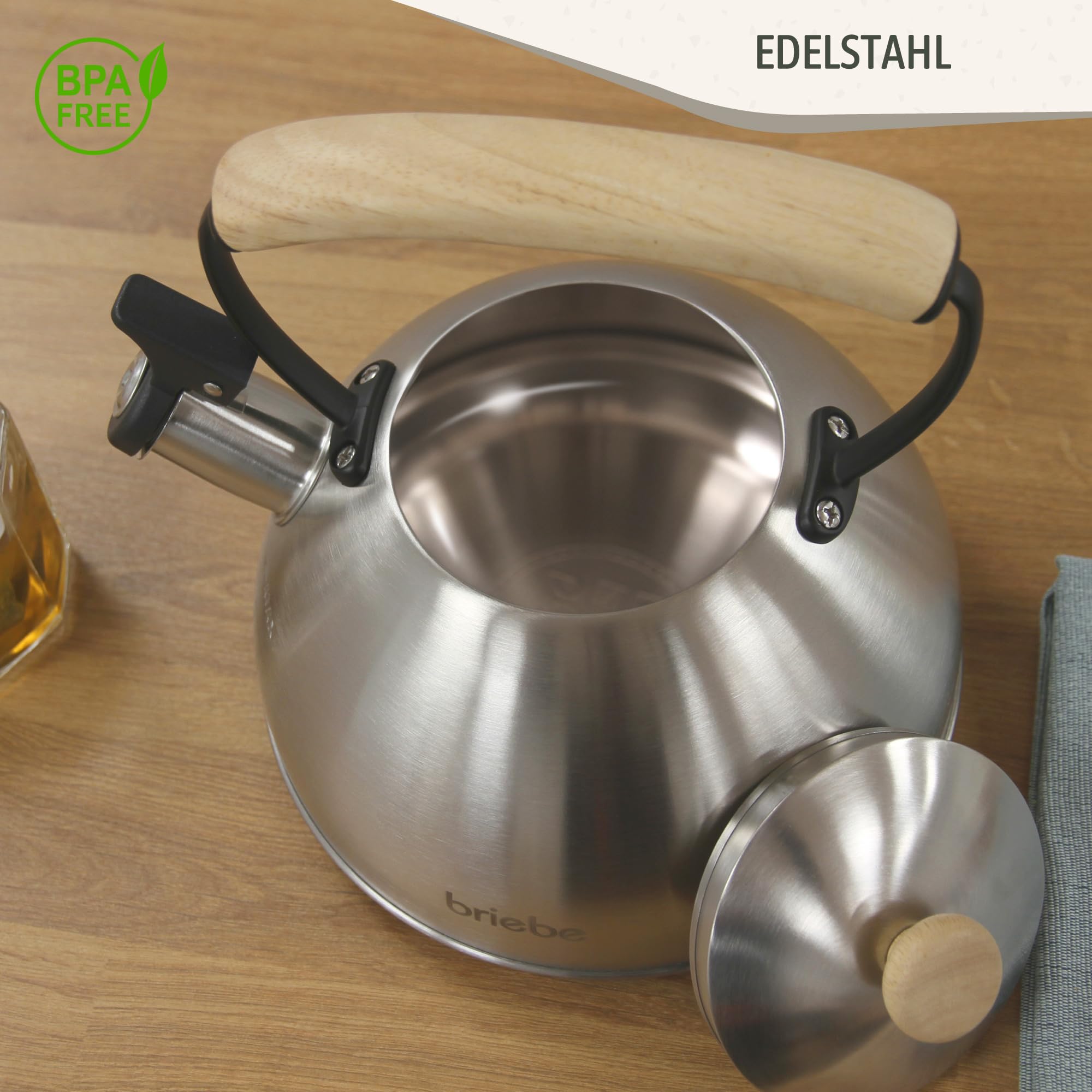 briebe Wasserkessel Induktion 2,3L, Flötenkessel, Edelstahl Teekessel Retro, Vintage Design, Alle Herdarten, GlasKeramikherd, Gas, Elektroherd, Holzgriff Cool-Touch, für Tee Kaffee, Tea pot, Inox