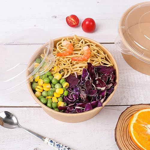 Miniatura 2 de Cuencos desechables de papel kraft de 25 onzas con tapas, recipientes de alimentos, cuencos de sopa, suministros de fiesta, cuencos de golosinas,