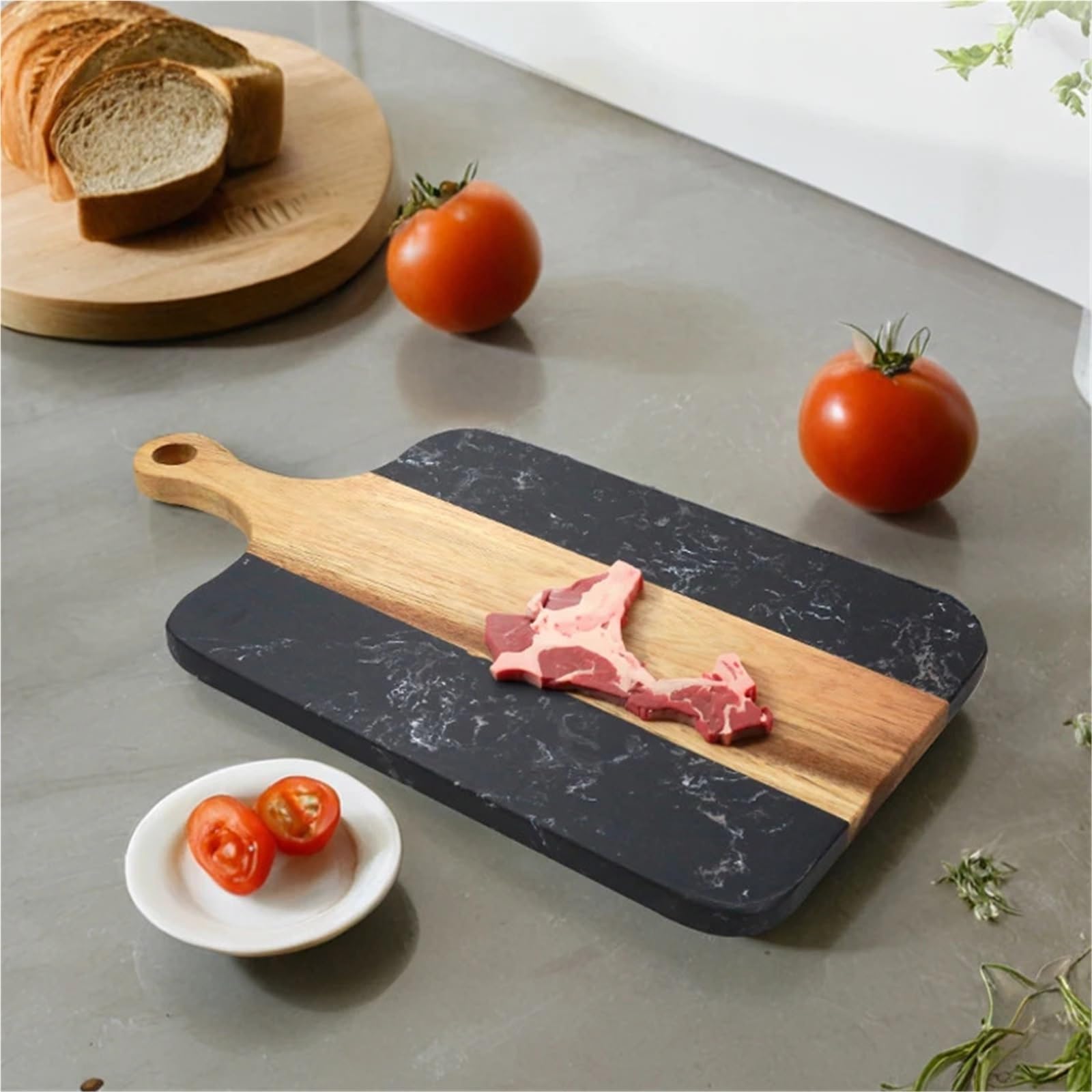 Käse- und Pizzabrett aus Akazienholz und Marmor, elegante schwarz-weiße Servierplatte, perfekt für Unterhaltung, Charcuterie und Gourmet-Käse-Liebhaber