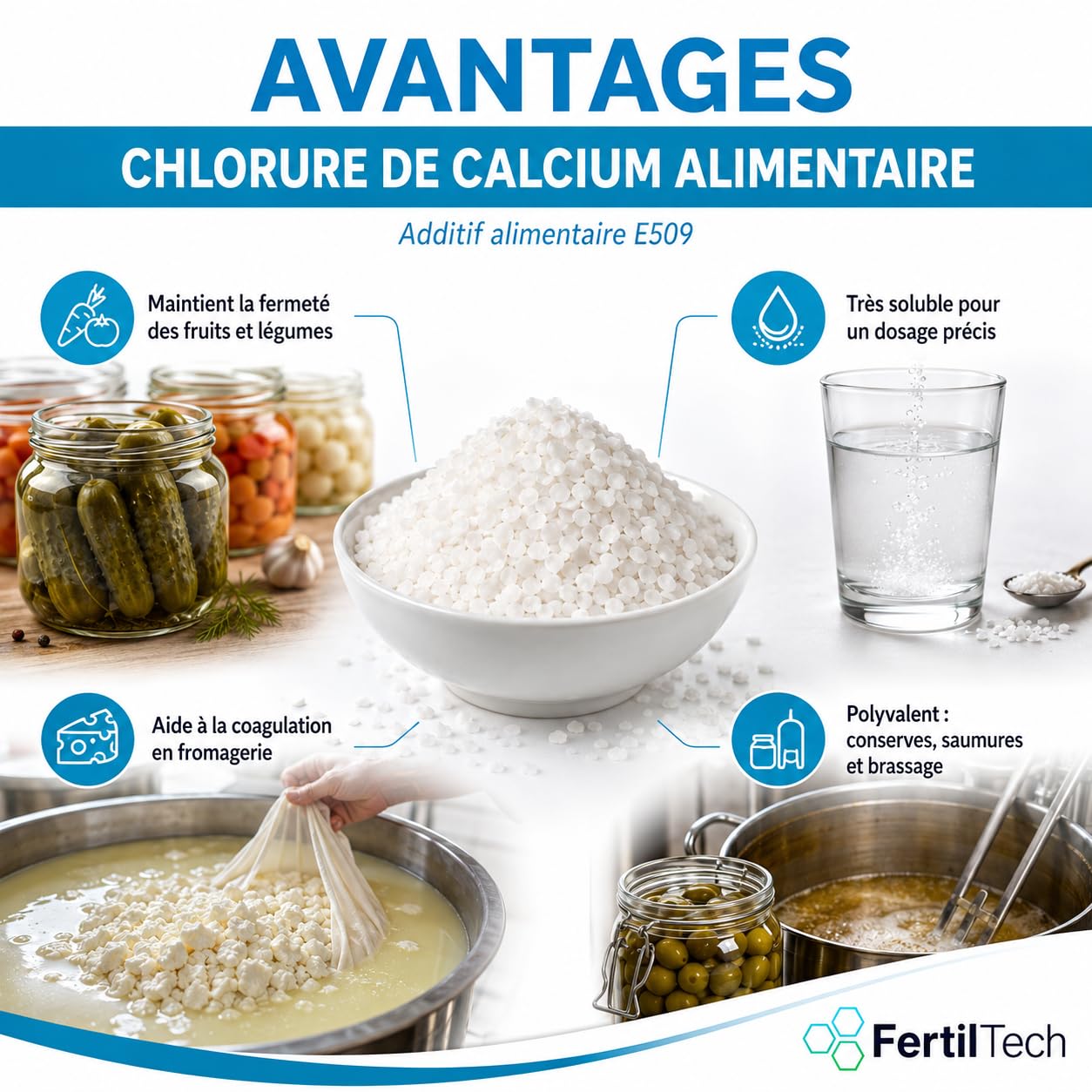 FertilTech Calciumchlorid-Dihydrat E509 5 kg | Lebensmittelqualität, weiße hygroskopische Flocken für Käseherstellung, Gerinnung, Salzlaken, Konserven und Lebensmittelzubereitungen