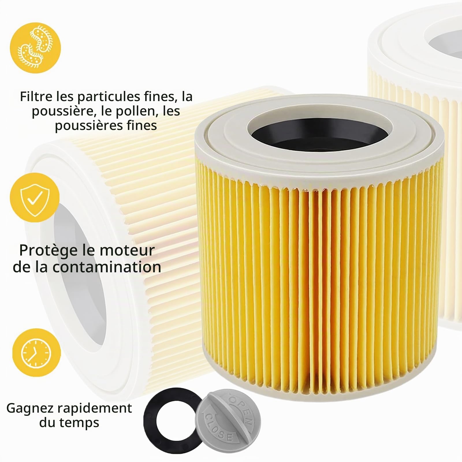 Lot de 3 Filtres de Remplacement Compatibles avec WD3, WD2, WD1, MV3, MV2, A, K, KNT, NT, SE et VC, Filtration Efficace pour Aspirateurs Eau et Poussière
