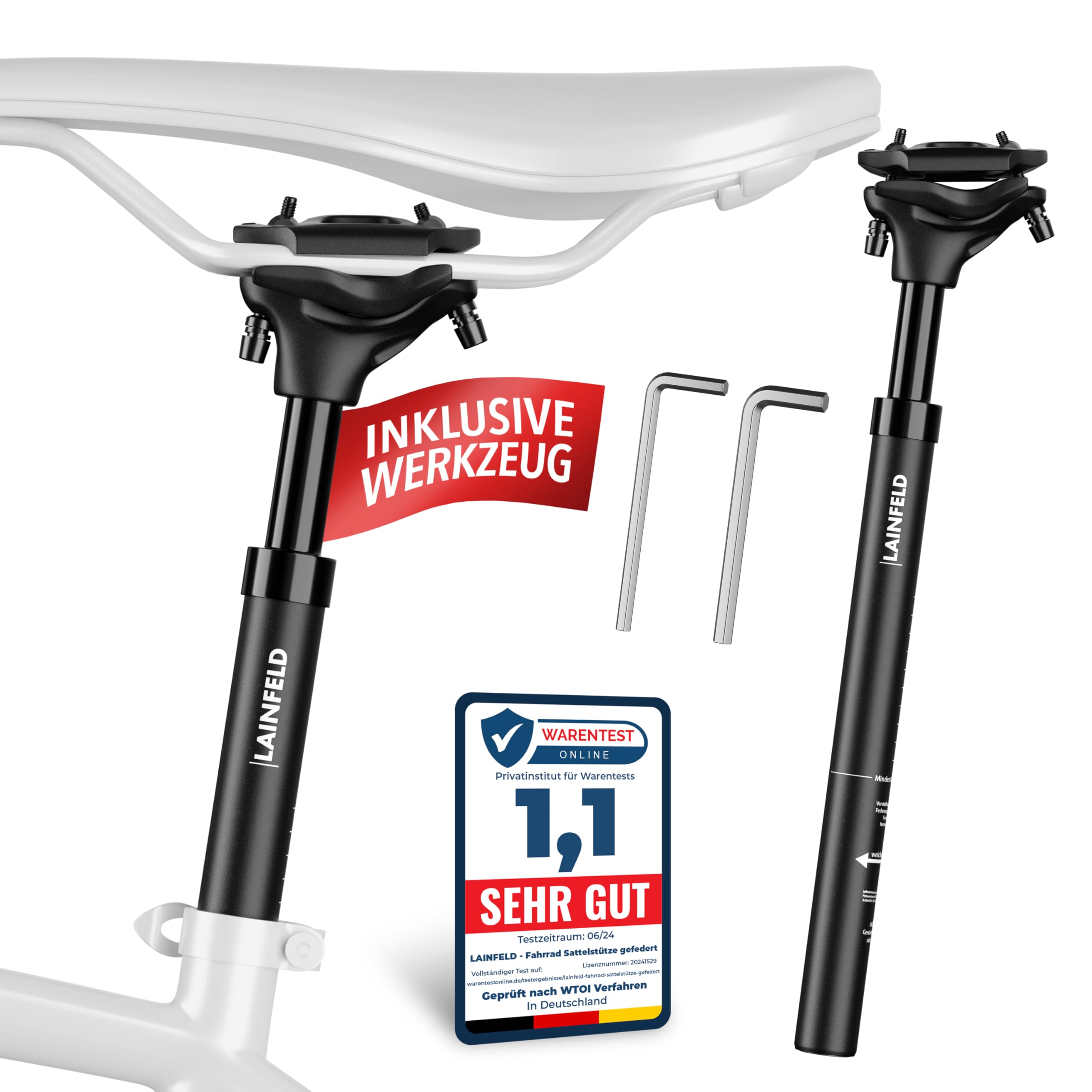 LAINFELD Sattelstütze gefedert | Inkl. Werkzeug | 27,2 mm, 30,9 mm oder 31,6 mm | Verstellbare Federsattelstütze MTB E-Bike Damen Herren Fahrrad