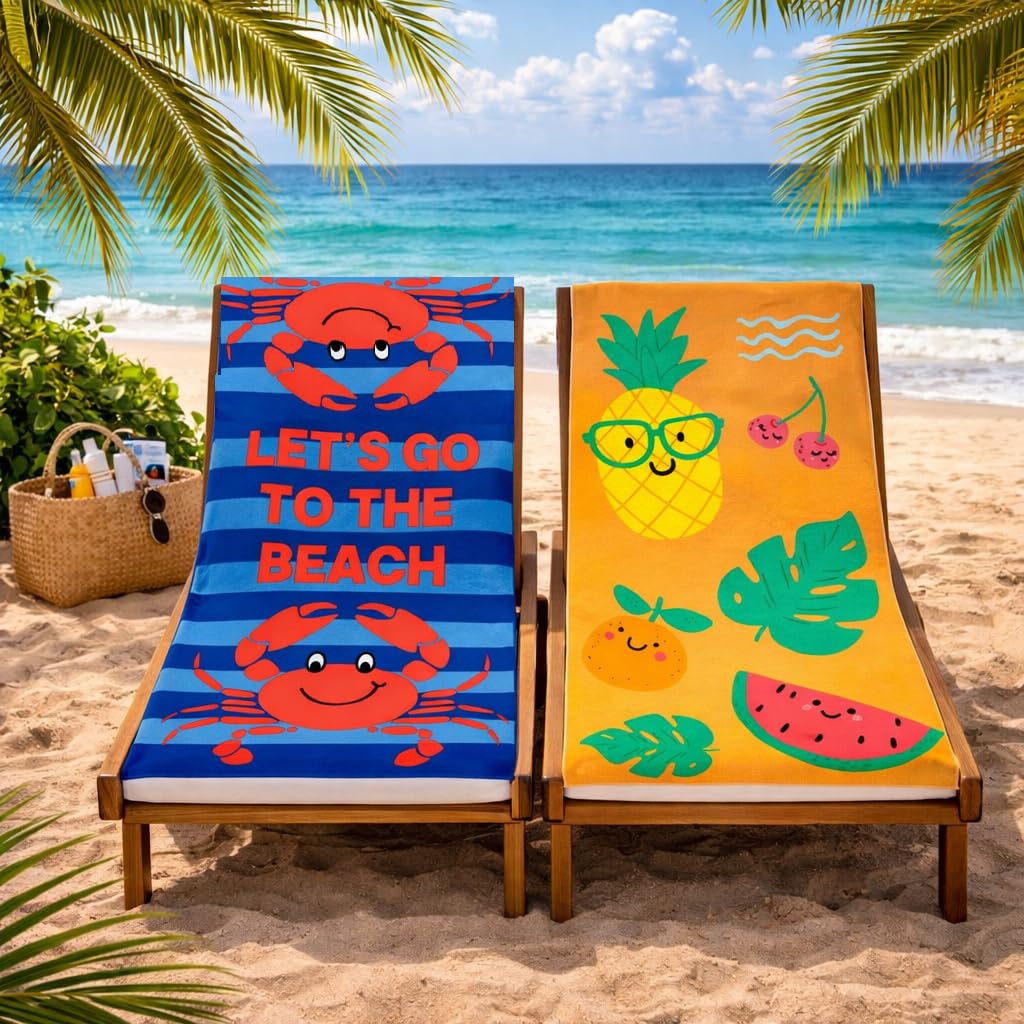 Adore 2 Pack Microfibre Beach Towels 70x140cm - Sand Free Lightweight Quick Dry - Soft Travel Towels for Beach and Pool, Lets Go and Fun Fruits