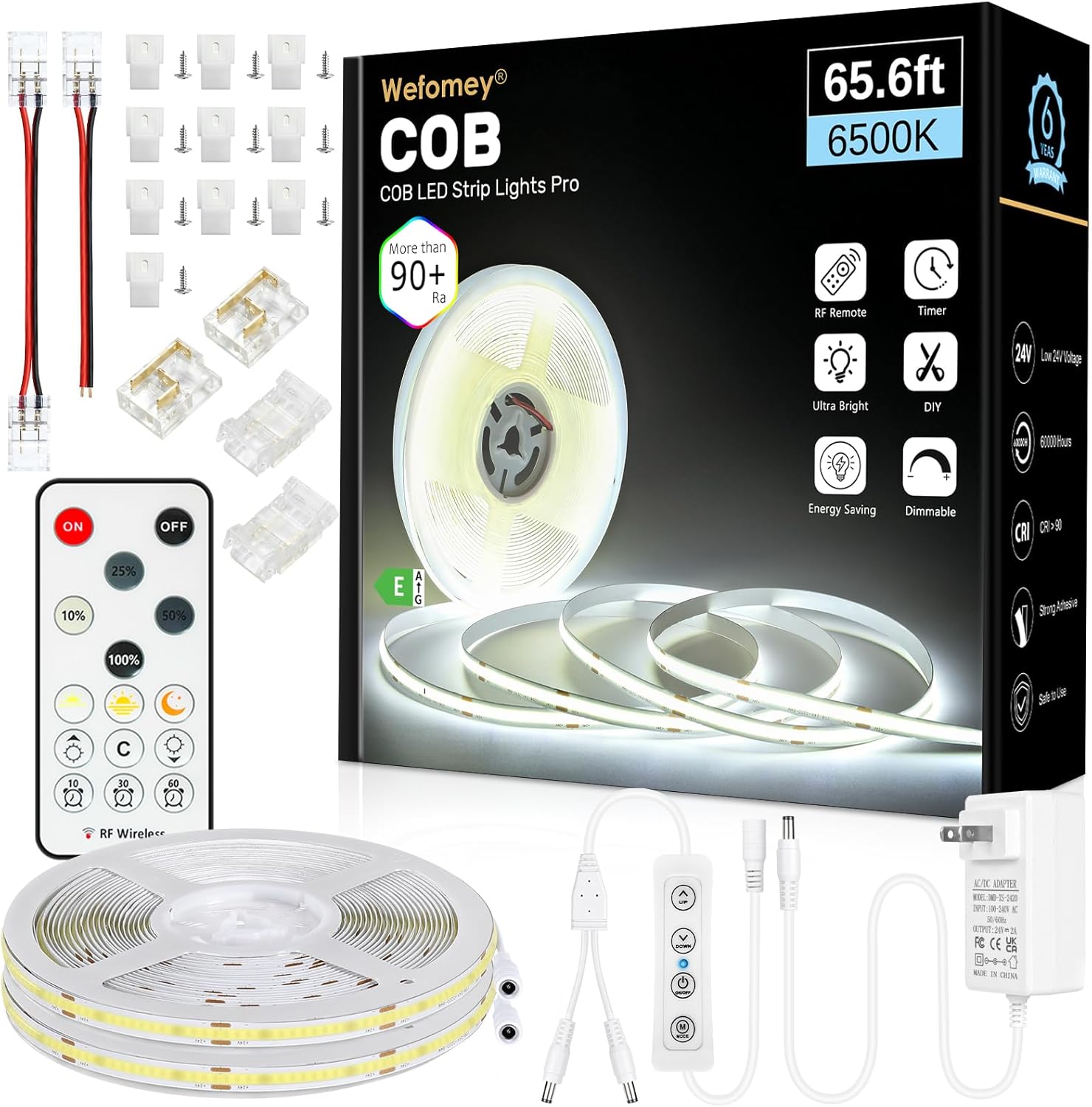 Wefomey COB LED Strip Light with Remote, 65.6ft Dimmable 6500K Super Bright Daylight White Led Lights Strip, 24V Flexible LED Tape Light for Bedroom, Kitchen, DIY Lighting (2 Rolls of 32.8ft)