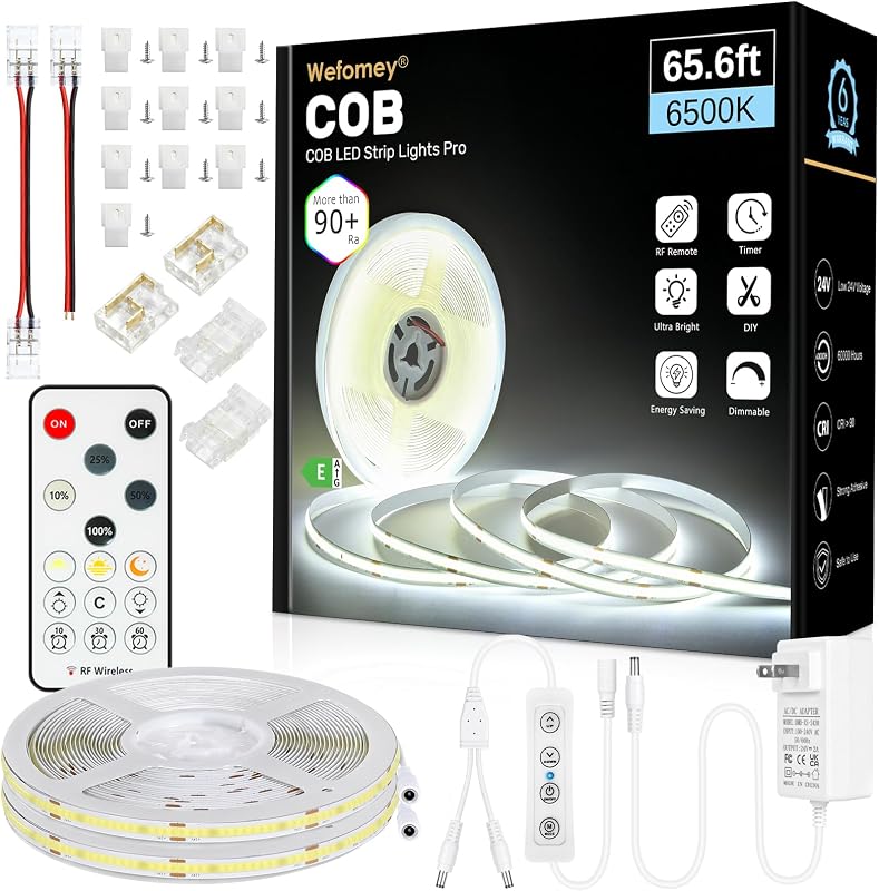 COB LED Strip Lights 65.6ft, 6500K DC 24V Dimmable Daylight White | Flexible LED Rope Lights with Remote LED Lights Strip for Bedroom, Living Room, Shelf, Cabinet (2 Rolls of 32.8ft)