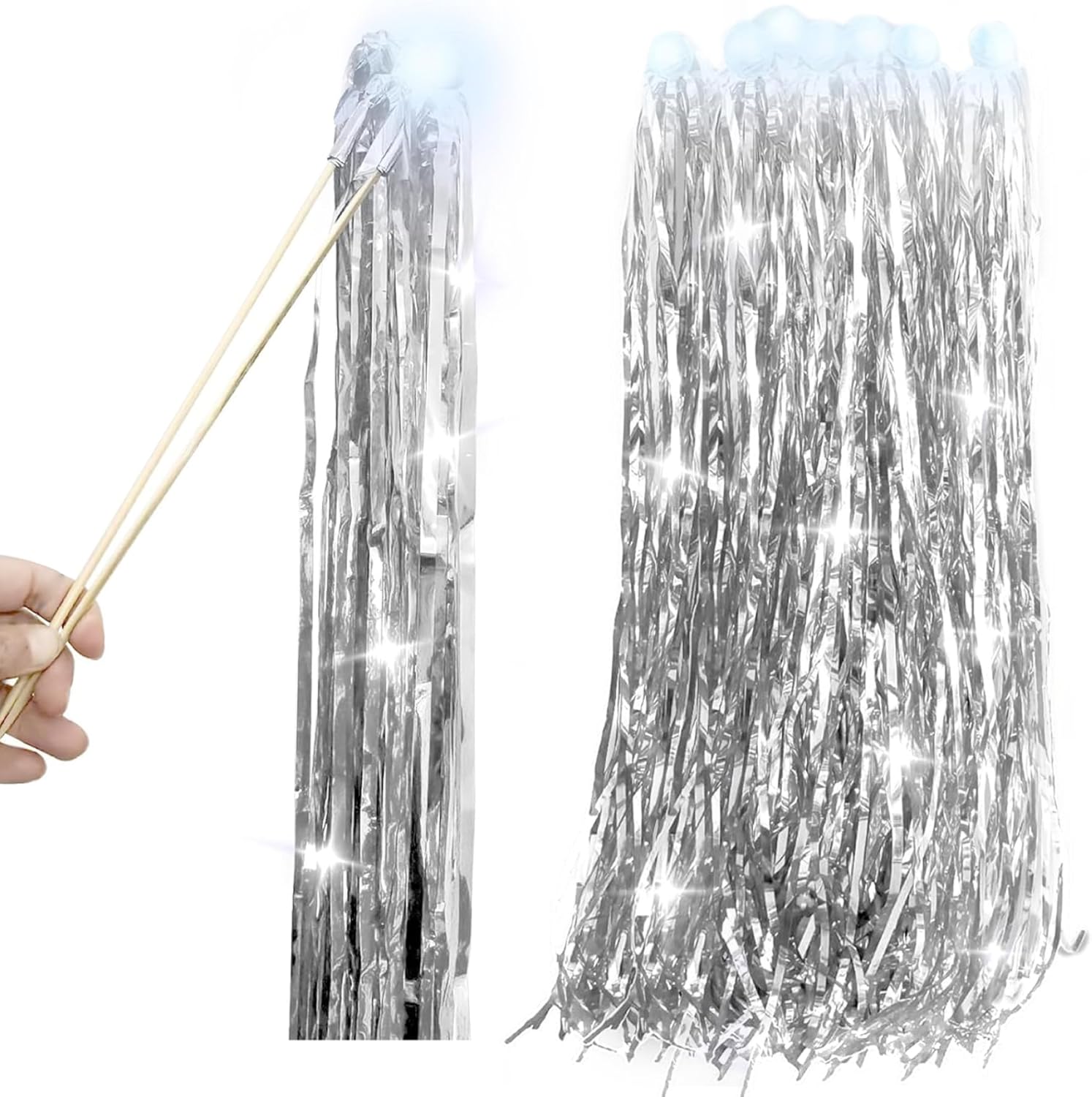 100Pcs Light Wands for Wedding, Foil Tassel Wedding Sparklers Stick LED Light Up Ribbon Tinsel Wands Silver Decorations for Baby Shower Birthday Party| Up for
