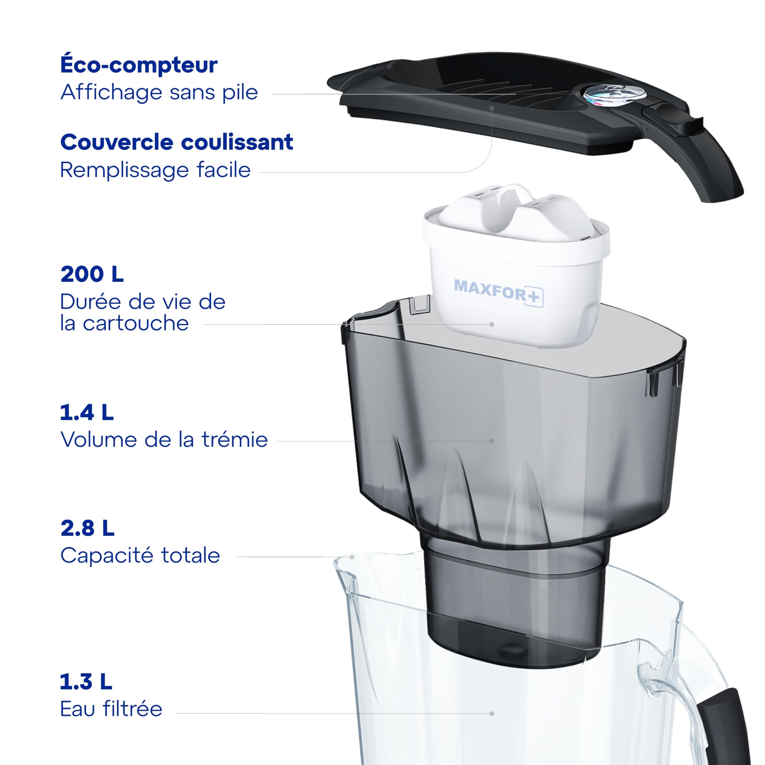 AQUAPHOR Carafe filtrante Amethyst avec (3) Filtre Maxfor+ 200L - 2,8 L - Noir