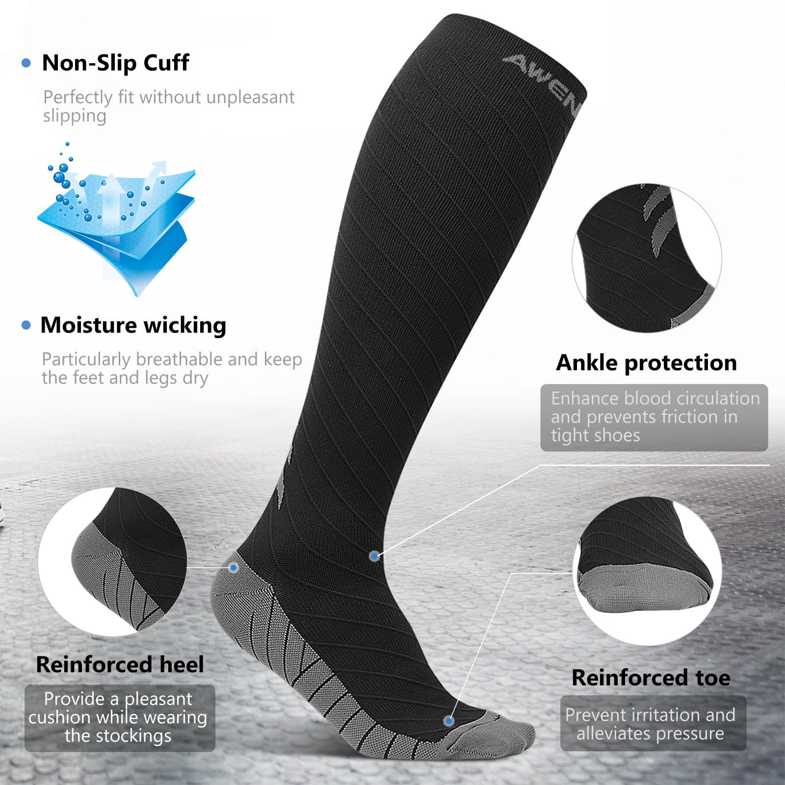 Awenia Chaussettes de Contention, Chaussettes de Compression Sport pour Homme et Femme, Circulation, 20-30mmHg, Bleu
