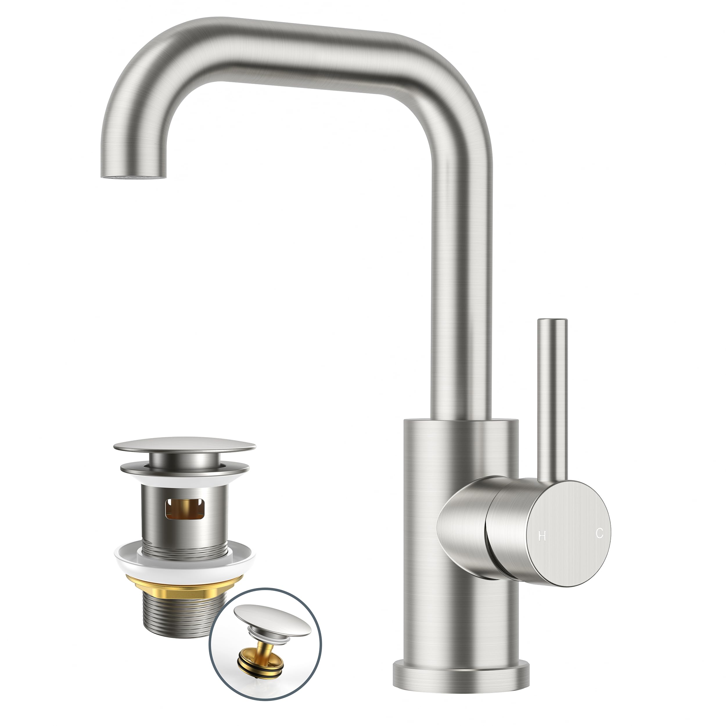FORIOUS Wasserhahn Bad Hoch mit Ablaufgarnitur，360° Drehbar Edelstahl Waschtischarmatur Hoch mit Warm/Kaltwasser Mischbatterie Einfache Montage für Badezimmer Waschbecken