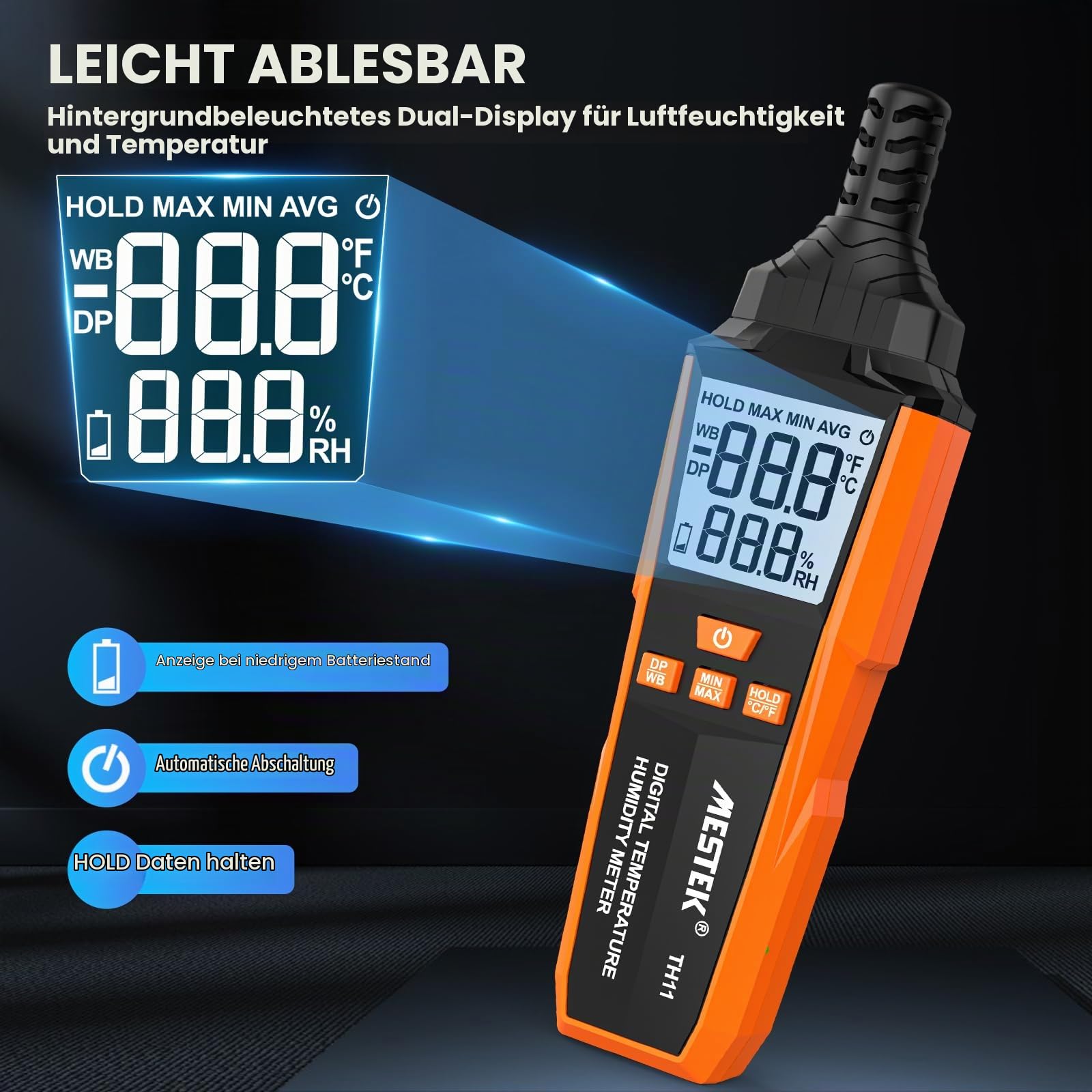 MESTEK Thermo-Hygrometer, 4-in-1 Hygrometer Thermometer Innen/Außen, Messung Temperatur Luftfeuchtigkeit, Taupunkttemp und Feuchtkugeltempr, Tragbares für Haus Garten und Camping Outdoor Abenteuer