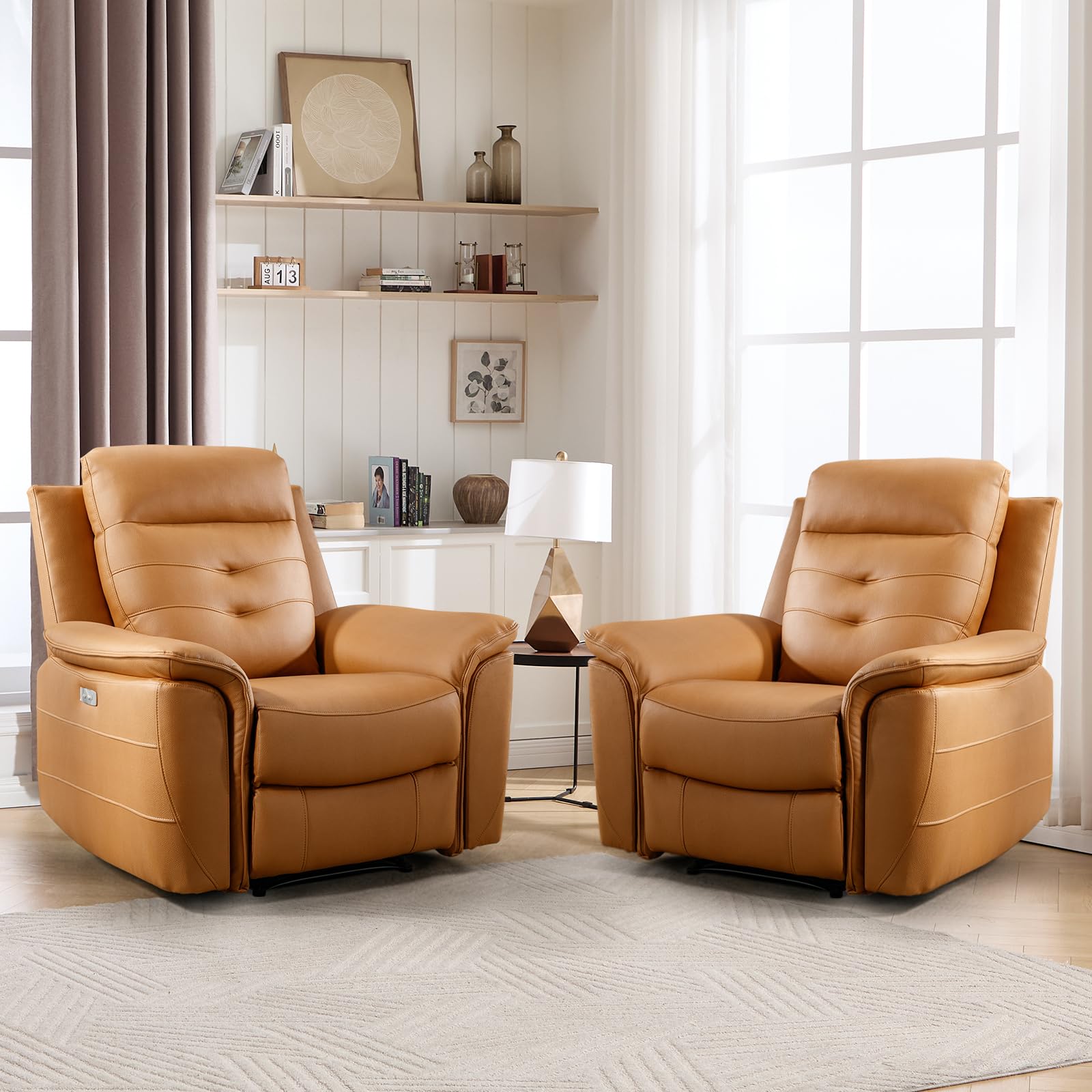 ANJ Power Recliner Chair Set of 2 with USB Charging, Breathable Faux Leather Oversized Electric Recliners, Single Overstuffed Heavy Duty Reclining Sofa Chairs for Living Room, Yellow