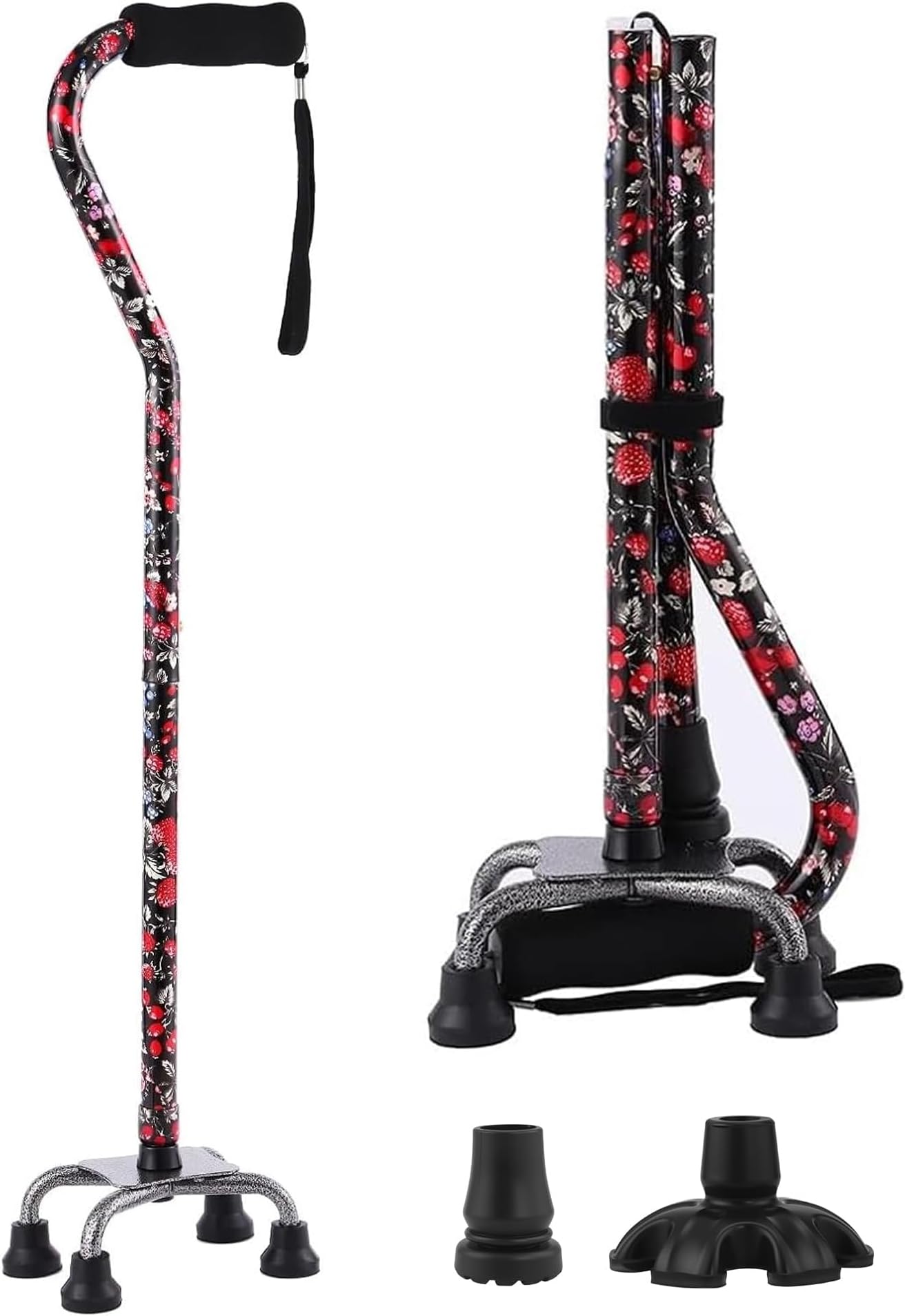 Walking Cane for Women & Men, Folding Offset Quad Cane with 4 Pronged Base for Extra Stability and Balance, Adjustable Aluminum Walking Stick for Seniors