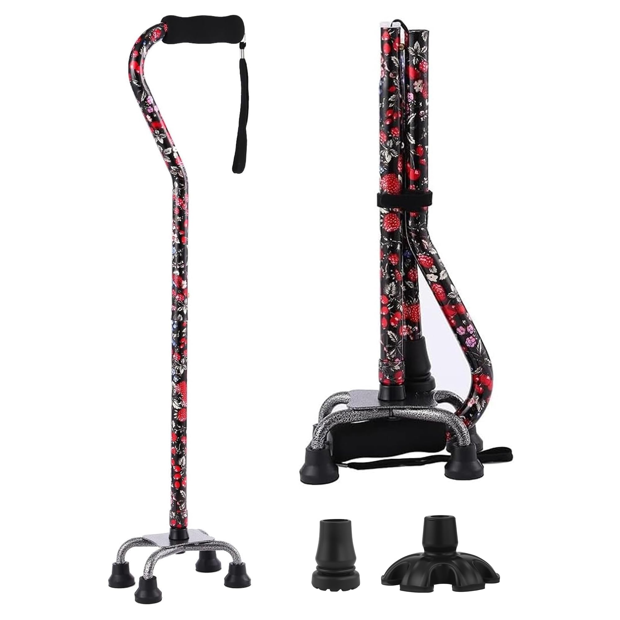 Walking Cane for Women & Men, Folding Offset Quad Cane with 4 Pronged Base for Extra Stability and Balance, Adjustable Aluminum Walking Stick for Seniors