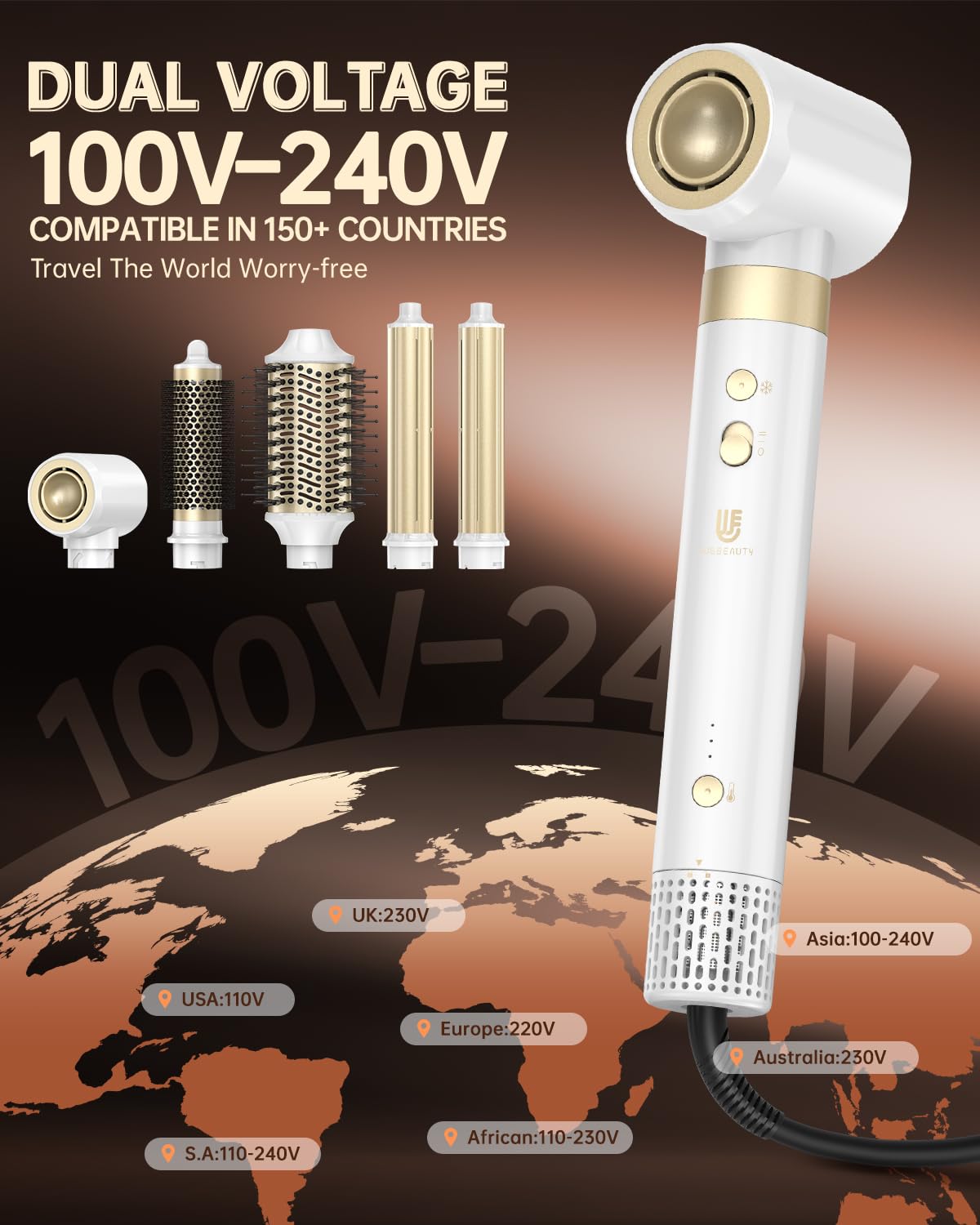 webeauty Doble Voltaje Moldeador Pelo 6 en 1 Cepillo Secador de Pelo Blanco