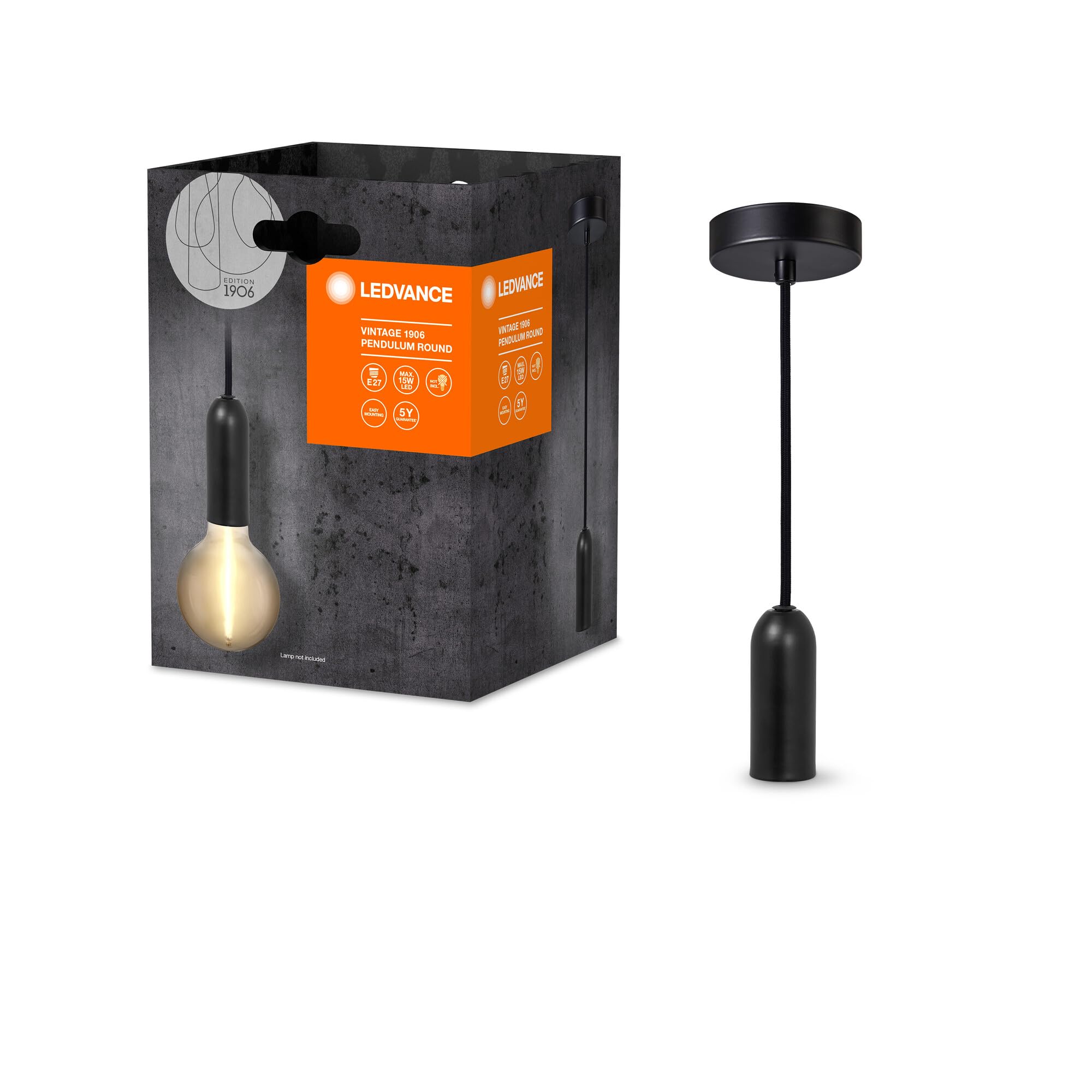 LEDVANCE Vintage 1906 Pendant Light Round E27, Black, Max. 25W (Led 15W), E27 Base, Round Canopy, Indoor Pendant Light, Combined with 1906 Vintage Lamps, Combined with Smart Lamps