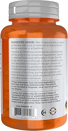 Miniatura 3 de NOW Sports Nutrition, Arginina y Ornitina 500/250 mg, Aminoácidos, 100 Cápsulas Vegetales