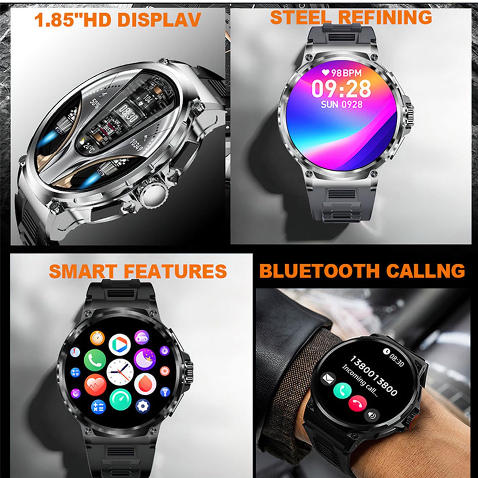 Inteligentny 1,85-calowy zegarek Smartwatch HD Touch dla mężczyzn i kobiet, wodoodporny monitor aktywności IP68 ze 100 trybami sportowymi,Silver