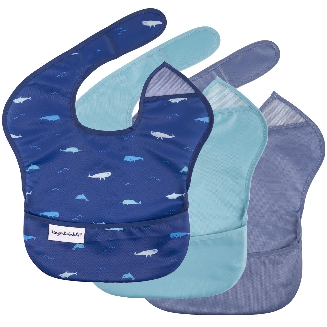 Tiny Twinkle Mess-Proof Baby Bibs for Eating | Waterproof, Wipeable Toddler Bibs with Catch-All Pocket | Feeding Bibs for Girls & Boys(3 Pack,Ocean Life Set)