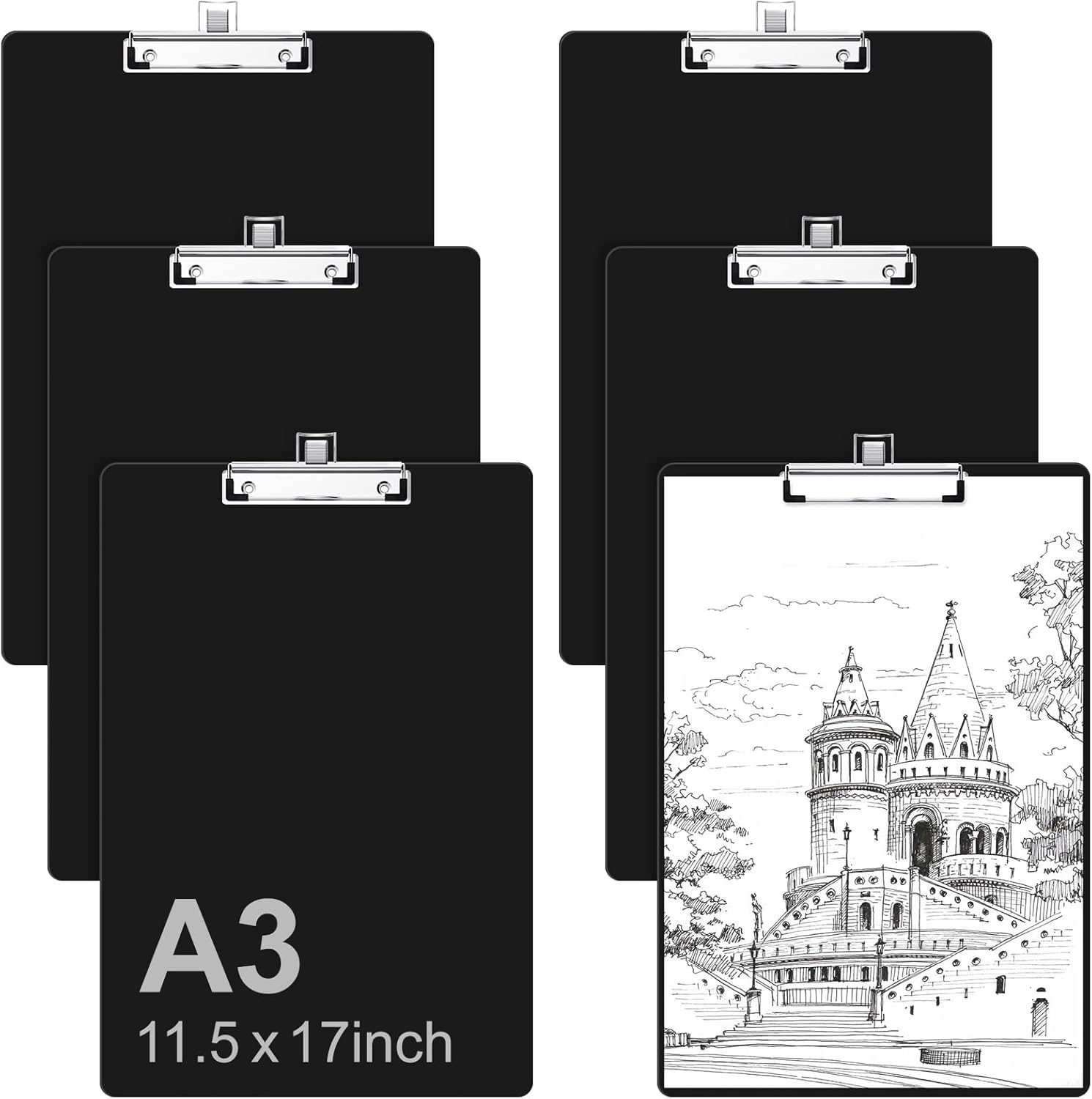 11x17 Ledger Size Clipboard with Pen Holder, Black Large Clip Board for Teachers, Students, Lawyers, Vertical Layout, with Low Profile Clip, Office & School Supplies（6Pack）