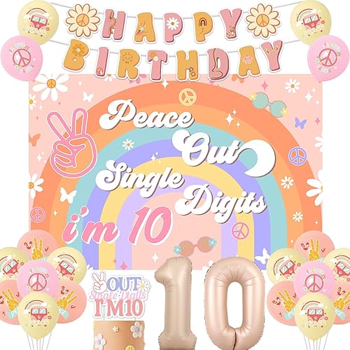 Peace Out - Decoración de fiesta de un solo dígito para niña, Groovy decoraciones de cumpleaños número 10, pancarta bohemia de feliz cumpleaños,