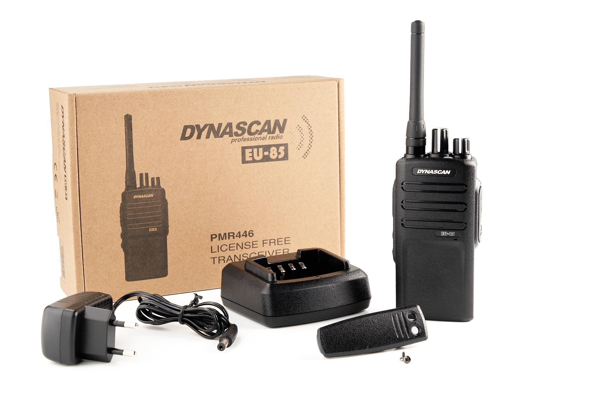 Dynascan EU-85 Walkie-Talkie PMR-446 Profesional - Transceptor de Uso Libre Sin Licencia, Chasis Metálico IP55, 16 Canales y Teclas Programables