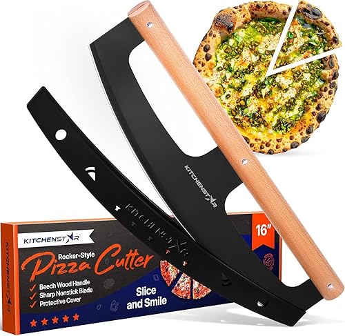 KitchenStar - Cortador de pizza de 16 pulgadas, cuchillo cortador de acero inoxidable afilado con mango de madera y cubierta de cuchilla, color