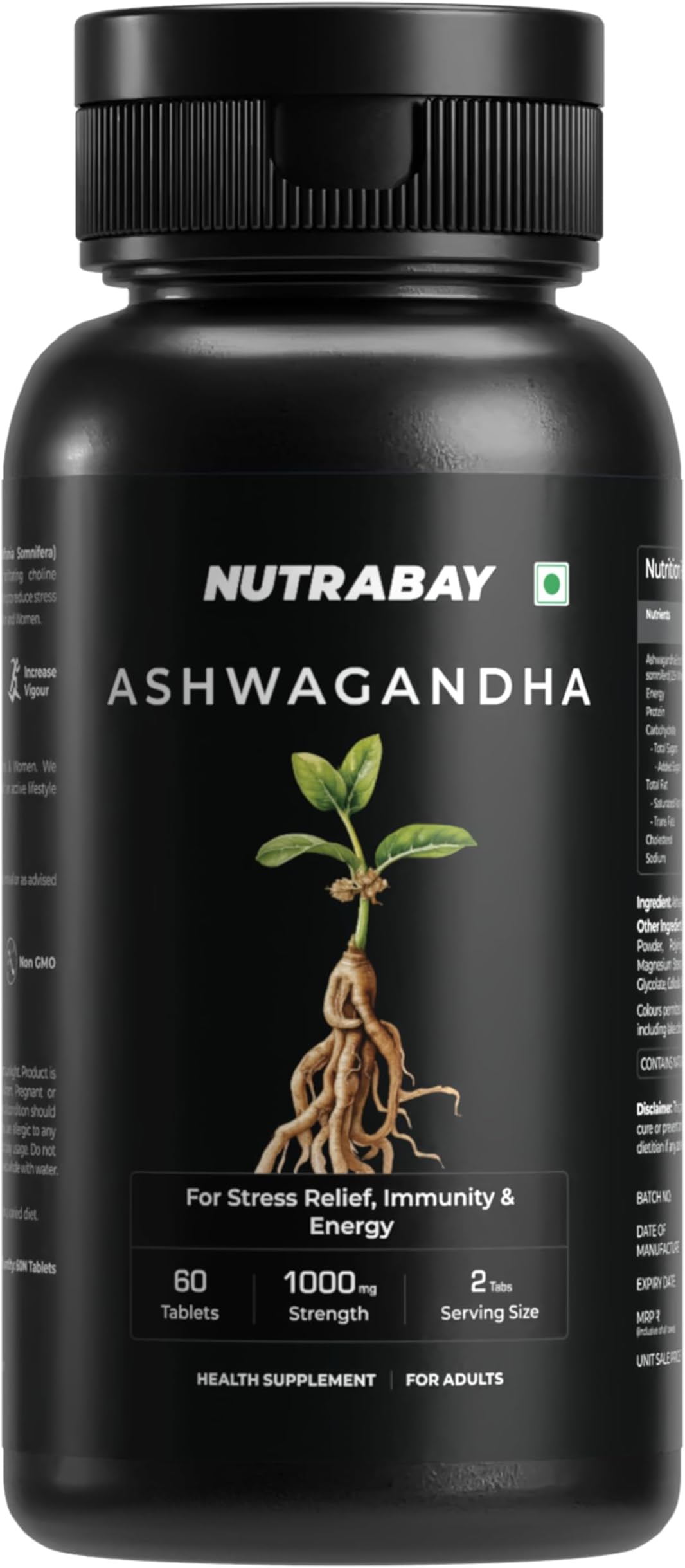 Nutrabay Wellness Ashwagandha Extract Tablet (Withania Somnifera), Enhances Energy, Stamina, Immunity | Anxiety & Stress Relief, 1000mg - 60 Veg Tablets