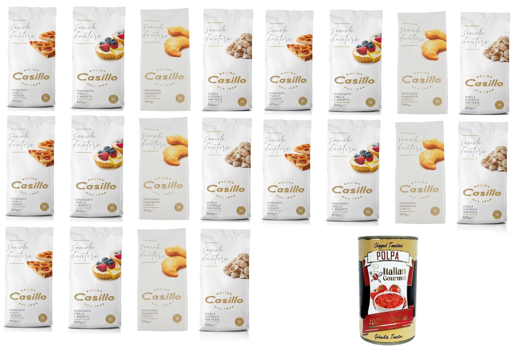 Molino Casillo Semola D'Autore Farina di semola rimacinata para galletas, pizzas y focaccia, Panzerotti y alimentos fritos, grano entero para pasta 20 x 500 g + Polpa italiana Gourmet 400 g