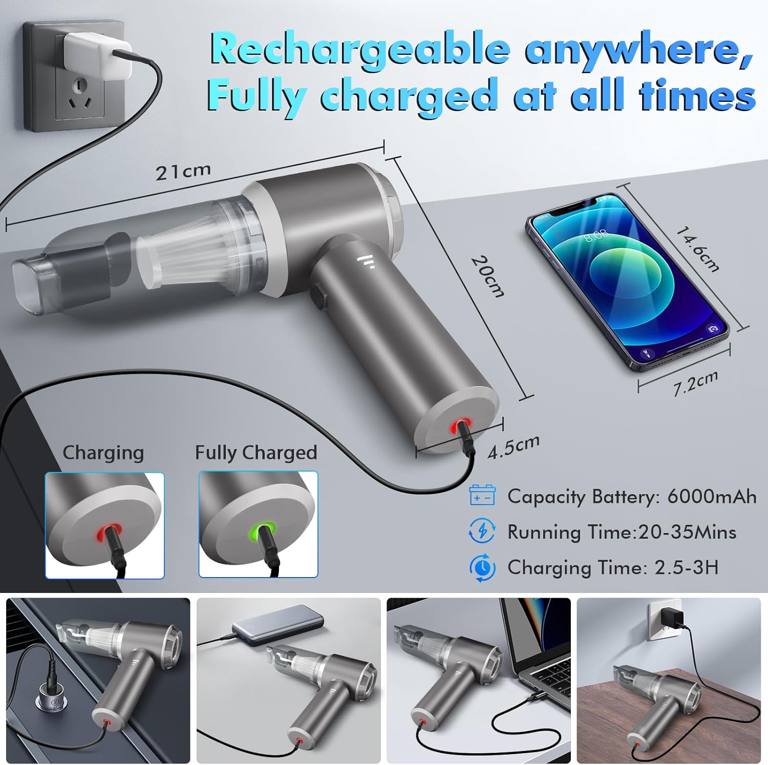 4-in-1 Cordless Car Vacuum & Compressed Air Duster, 20000PA Suction 80000RPM Brushless Motor, 3-Level LED Indicator for Sewing Machine Lint, Vinyl Records, PC Cleaning, Car Detailing (Silver) - Image 5