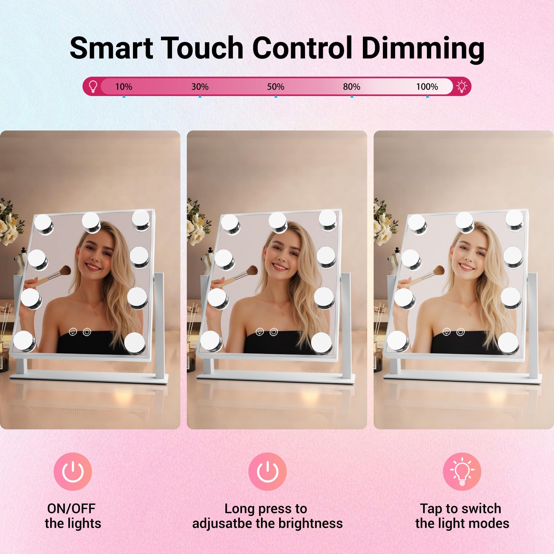 sylvwin Hollywood Specchio per il Trucco con 9 Luci LED - Ruotabile a 360°,3 Temperature di Colore Regolabili (3000K/4000K/6000K) Specchio Tavolo,Controllo Touch,Dimmerabile,Specchio di Vanità Plug-in