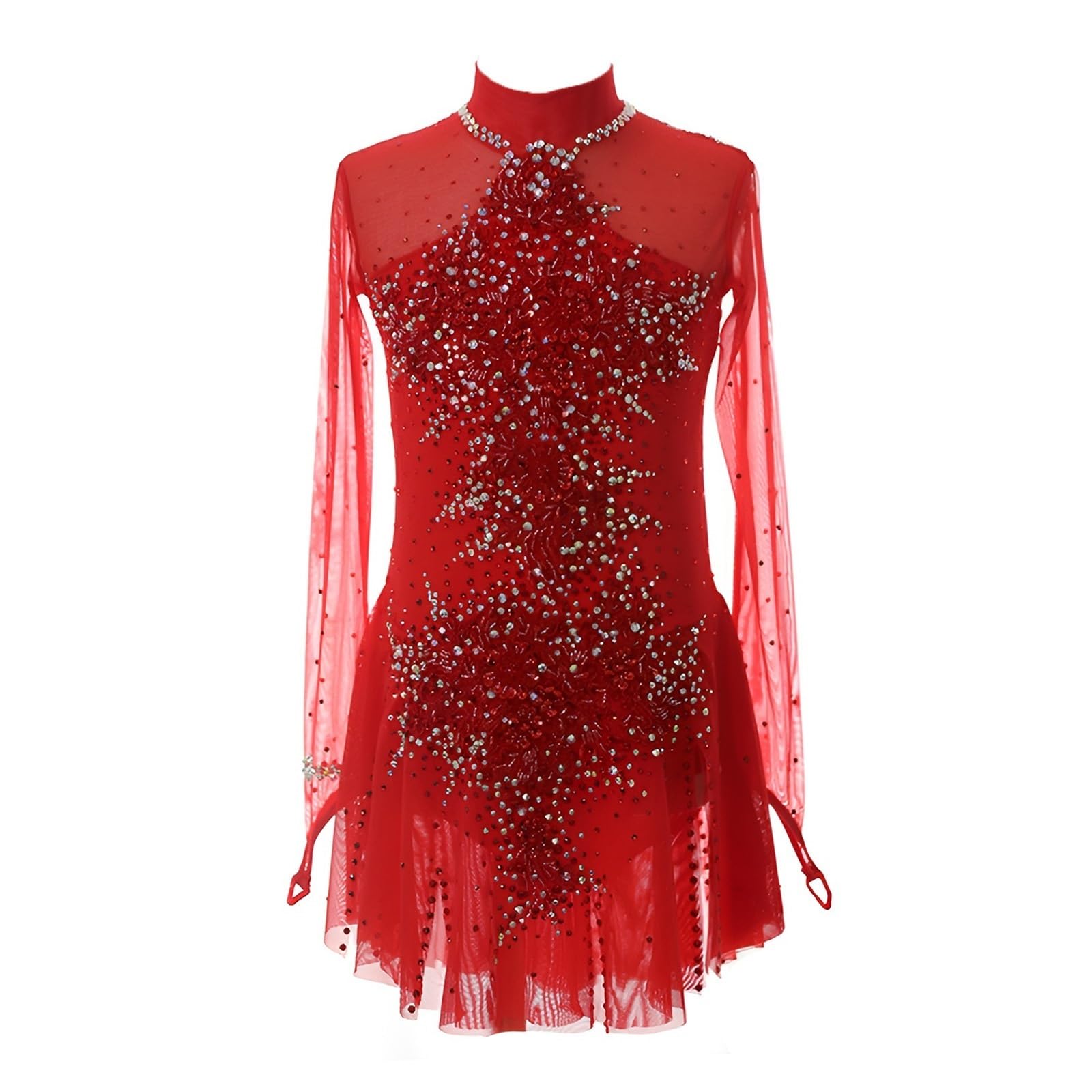 Girl's Long Sleeves Figure Skating Dress with Rhinestone, Women's Handmade Ice Skating Dress for Competition(Medium) Red