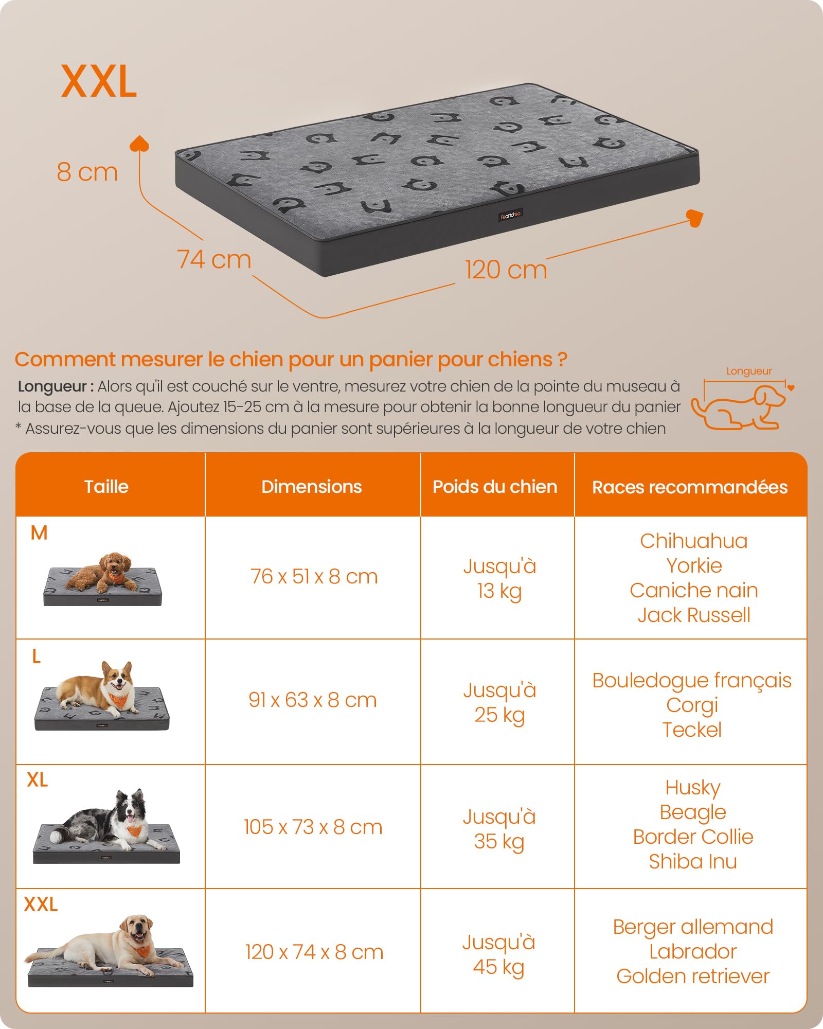 Feandrea Panier pour Chiens, Coussin pour Animaux, Mousse Alvéolée, avec Poignée, Déhoussable, Utilisable des 2 Côtés, Hydrofuge, Taille XXL, 120 x 74 x 8 cm, Gris Tourterelle PGW244G01