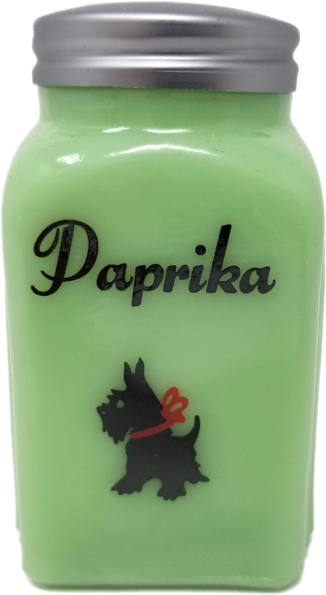 Rhyne and Son Arch Paprika Spice Shaker, Depression Style Glass - Jadeite with Scottie Dog Design