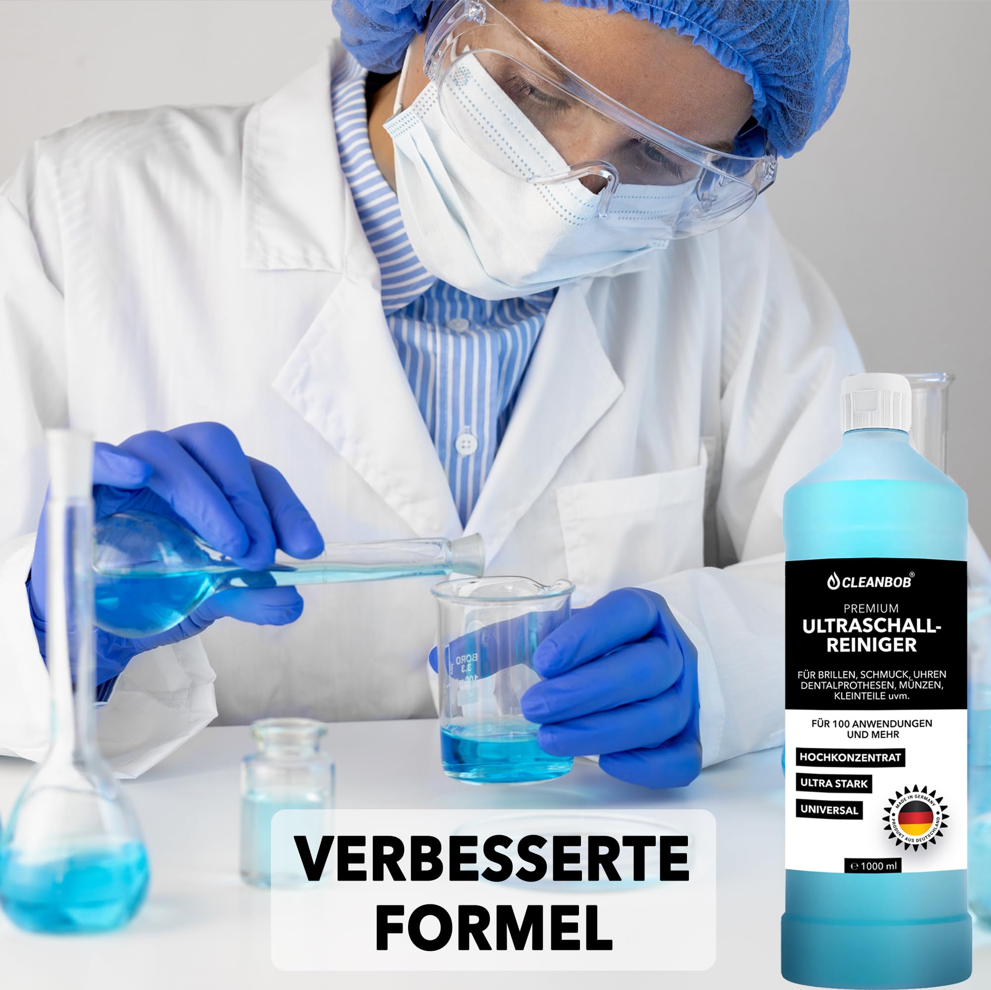 Koncentrat do czyszczenia ultradźwiękowego premium, 1 l, czyszczenie okularów, biżuterii, zegarków, protez, nadaje się do wszystkich urządzeń ultradźwiękowych, środek do czyszczenia srebrnej