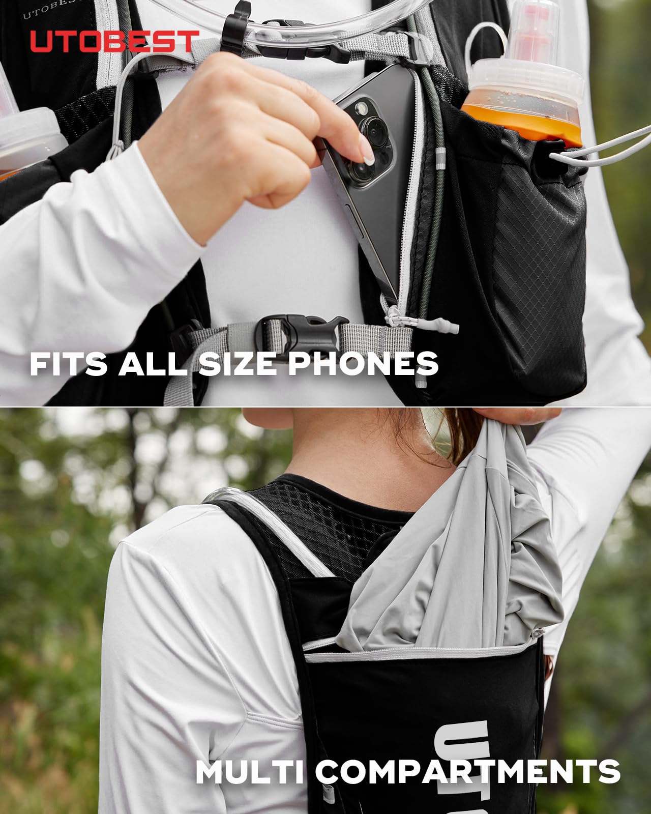 UTOBEST Chaleco Carrera, Mochila hidratacion Ligera con 2*350ml Frasco，Negro