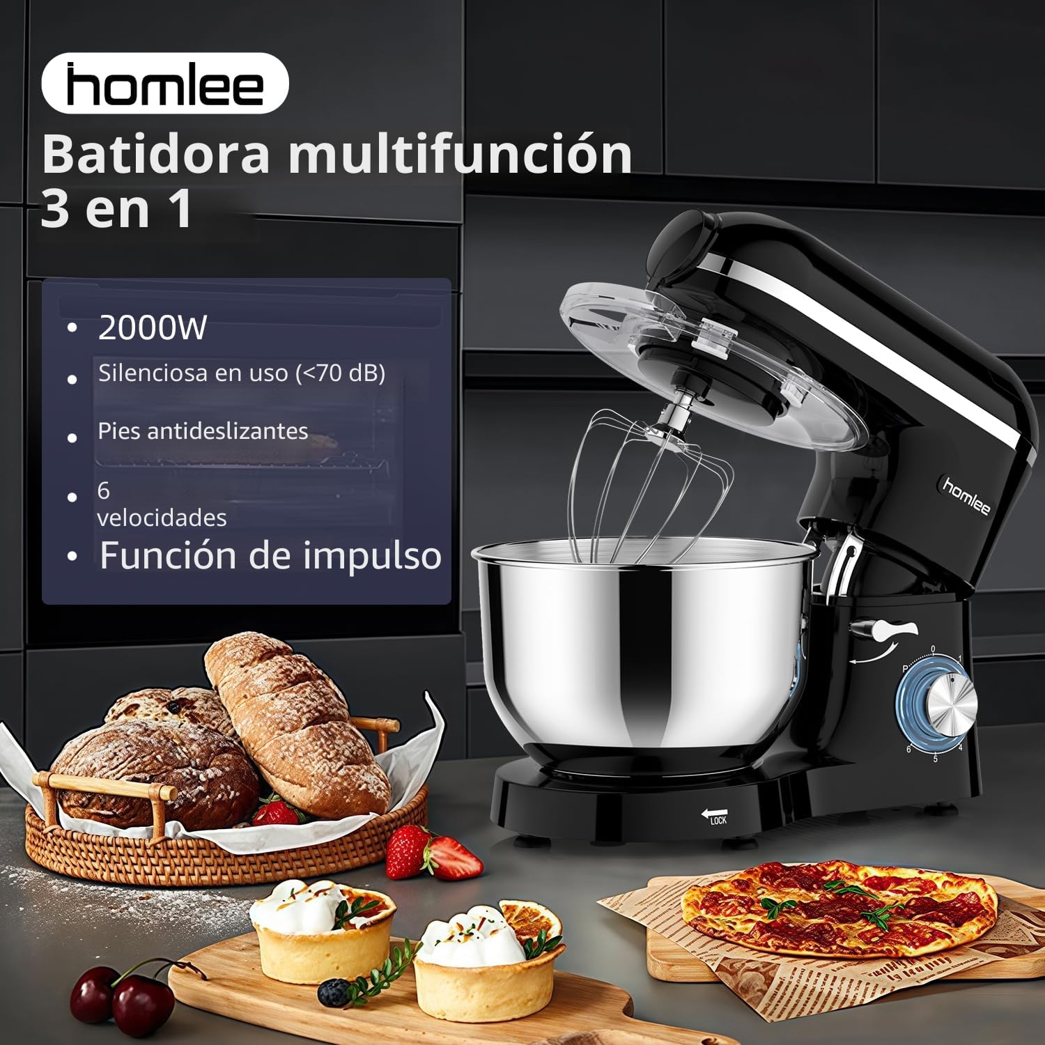 Homlee 3 In 1 Robot De Cocina con Picadora De Carne y Batidora,2000W Amasadora Multifunción, 5.5L Cuenco De Acero Inoxidable,1.5L Exprimidor De zumo, 6 Niveles De Velocidad