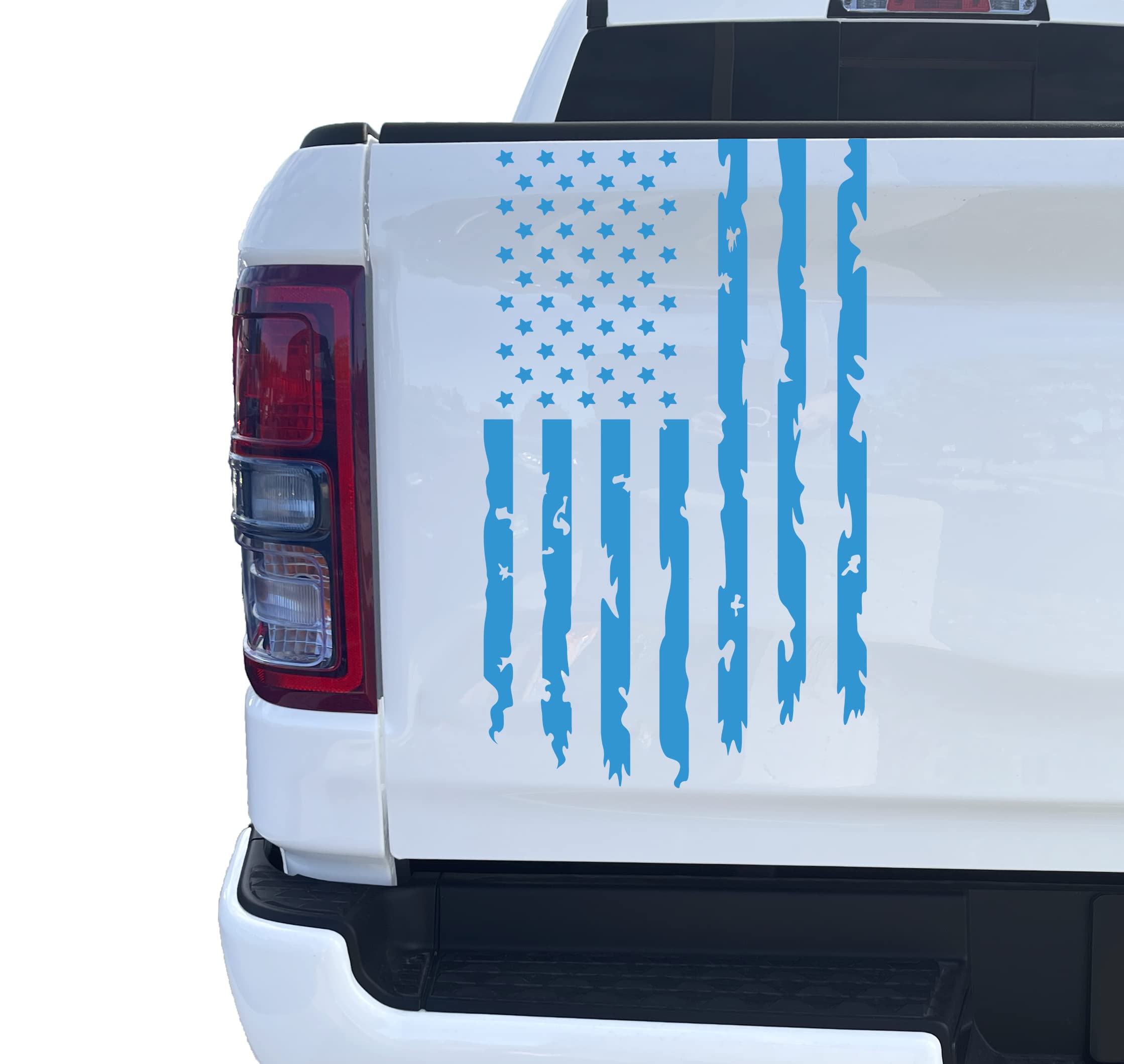 Aldera GraphicsDistressed American USA US Flag Truck Tailgate Vinyl Decal Compatible with Most Pickup Trucks - Rear Graphic Car Decal Sticker (10" x 18") (Ice Blue)