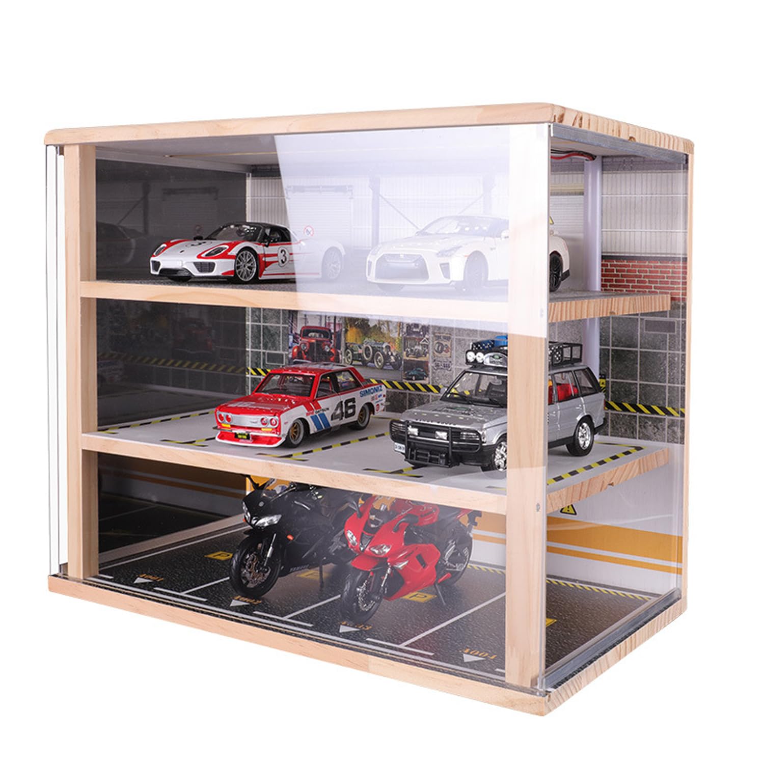 1:24 Scale diecast Car Model Display Case 3 Tiers,with LED Light and Acrylic Dust Cover Toys Car Model Display Stand,Hot Diecast Wheels Wood Storage Cabinet Display Stand