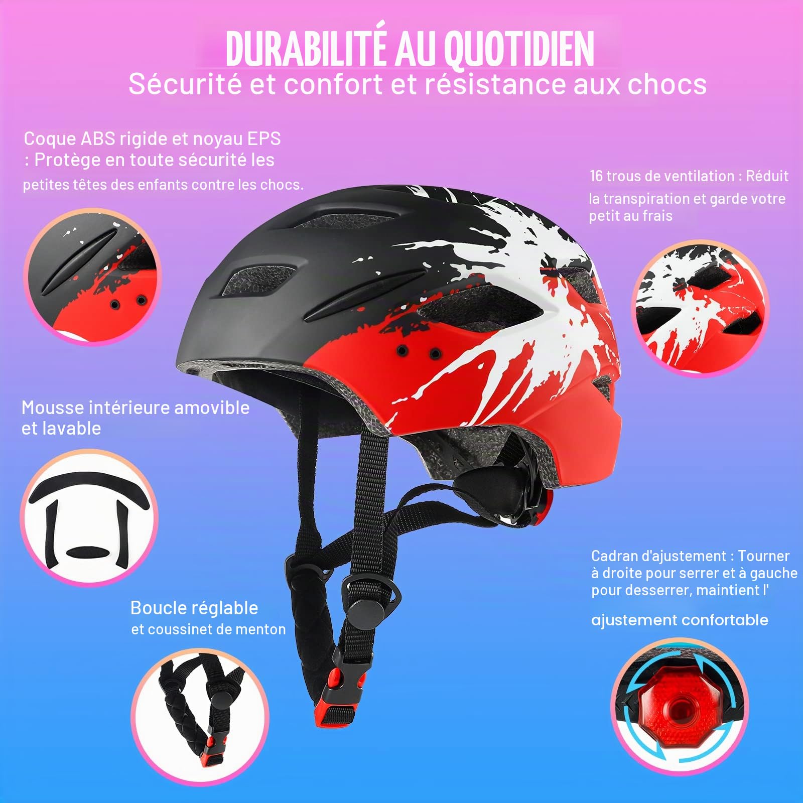 Casque de vélo Enfants 4-15 Ans léger avec feu arrière Cadran réglable visière Amovible 48-56 cm